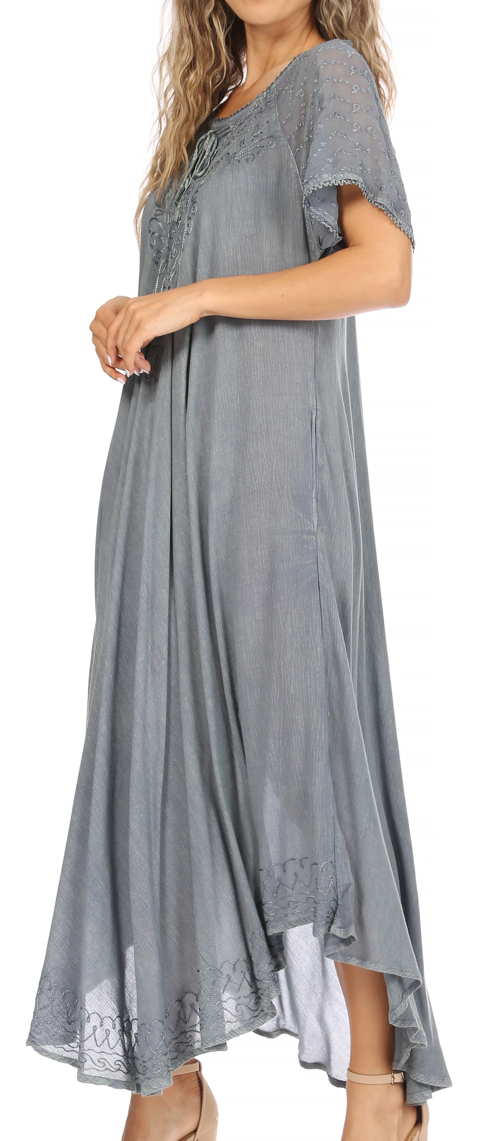 Sakkas Egan Women's Long Embroidered Caftan Dress / Cover Up With Embroidered Cap Sleeves - Concordia Style Boutique