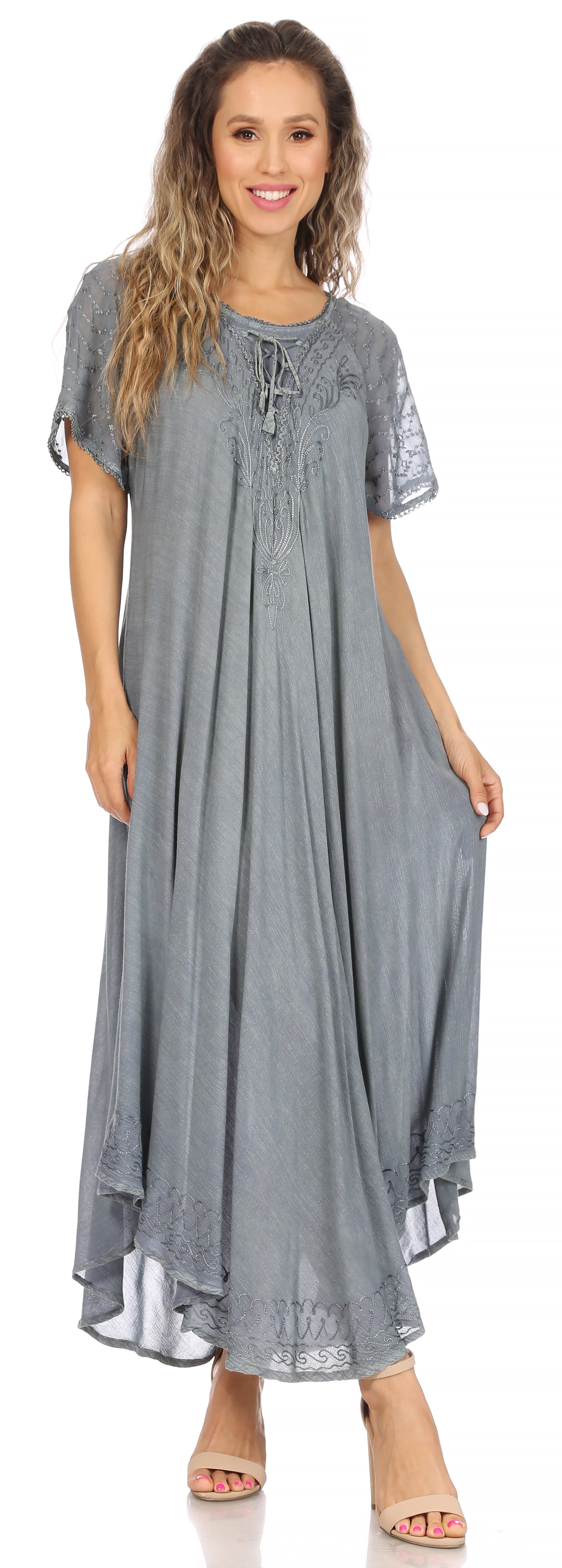 Sakkas Egan Women's Long Embroidered Caftan Dress / Cover Up With Embroidered Cap Sleeves - Concordia Style Boutique
