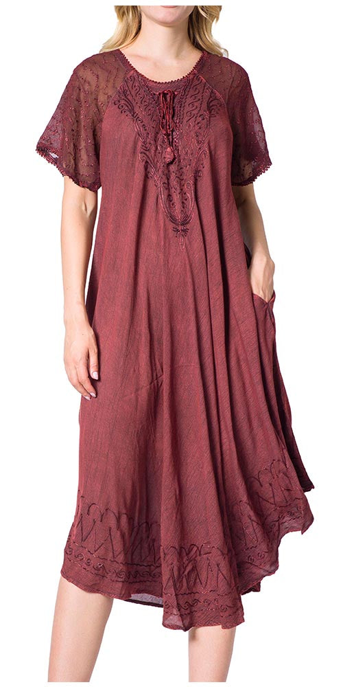 Sakkas Egan Women's Long Embroidered Caftan Dress / Cover Up With Embroidered Cap Sleeves - Concordia Style Boutique