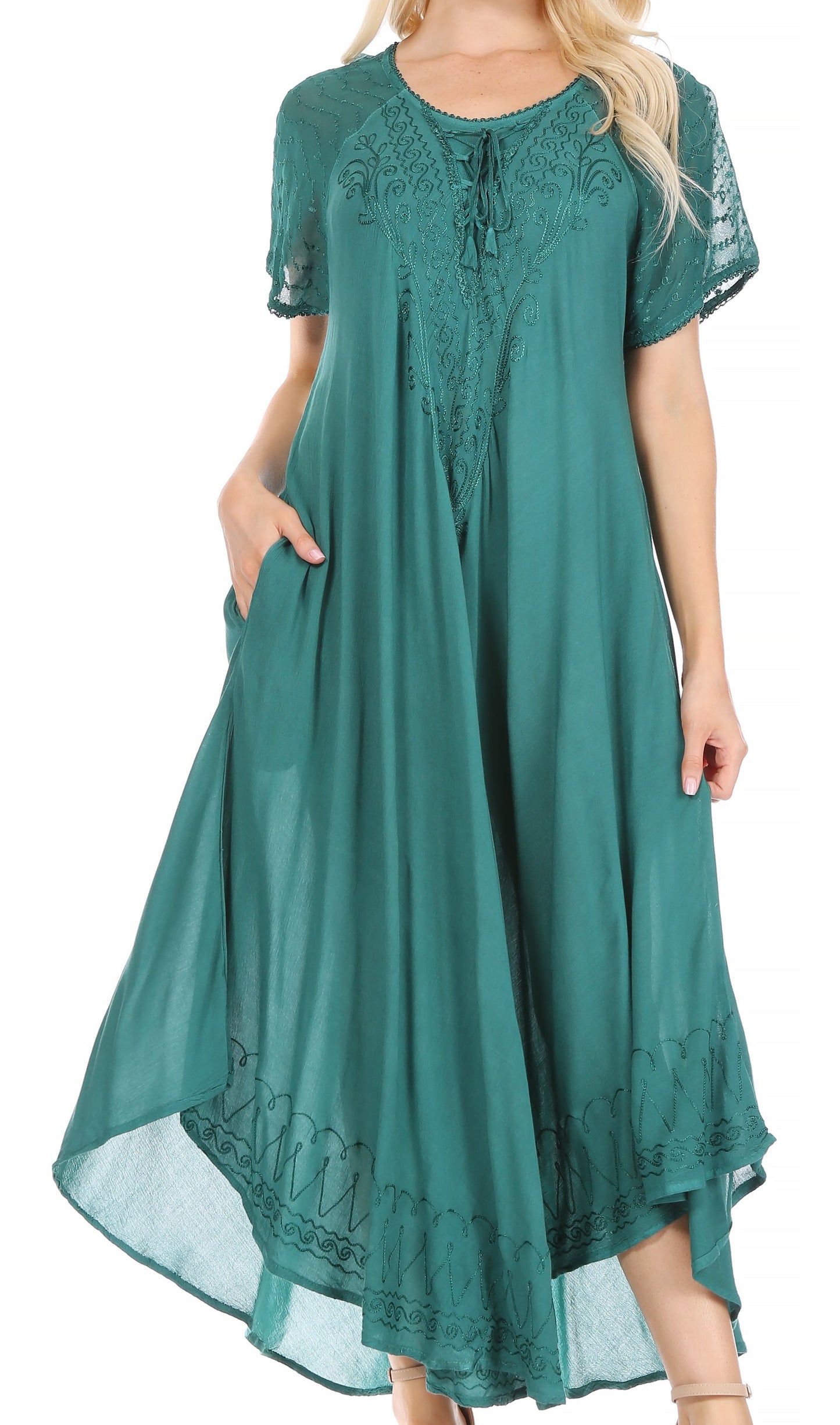 Sakkas Egan Women's Long Embroidered Caftan Dress / Cover Up With Embroidered Cap Sleeves - Concordia Style Boutique