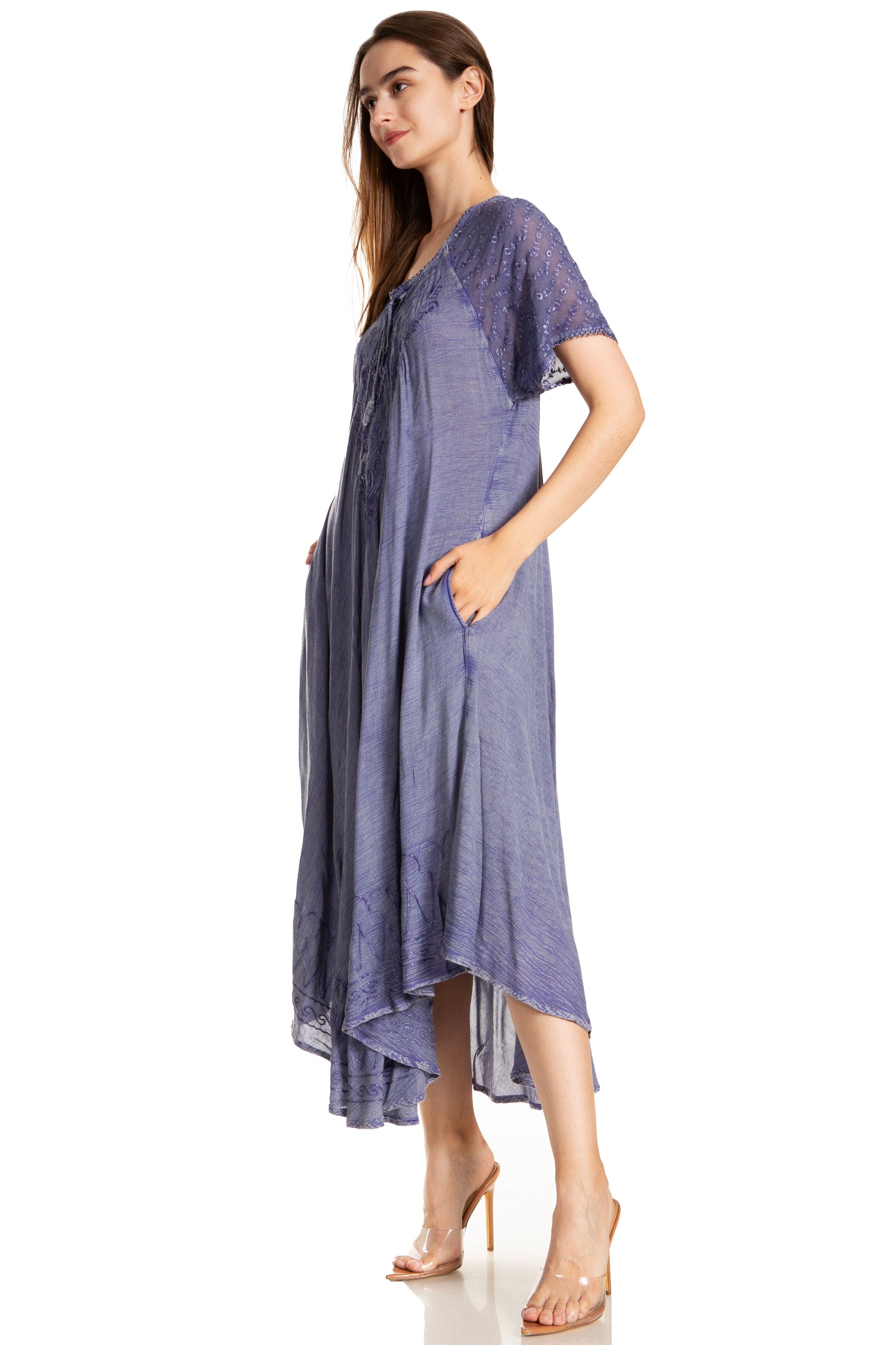 Sakkas Egan Women's Long Embroidered Caftan Dress / Cover Up With Embroidered Cap Sleeves - Concordia Style Boutique