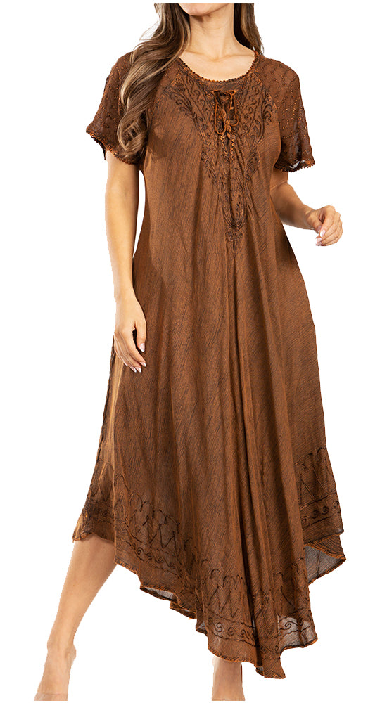 Sakkas Egan Women's Long Embroidered Caftan Dress / Cover Up With Embroidered Cap Sleeves - Concordia Style Boutique