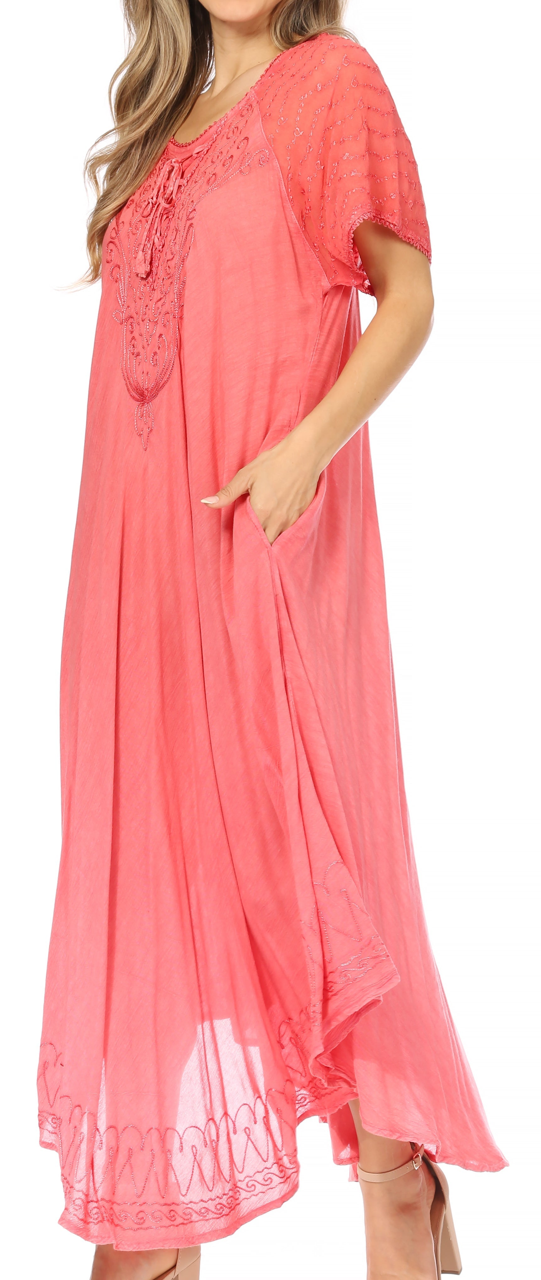 Sakkas Egan Women's Long Embroidered Caftan Dress / Cover Up With Embroidered Cap Sleeves - Concordia Style Boutique