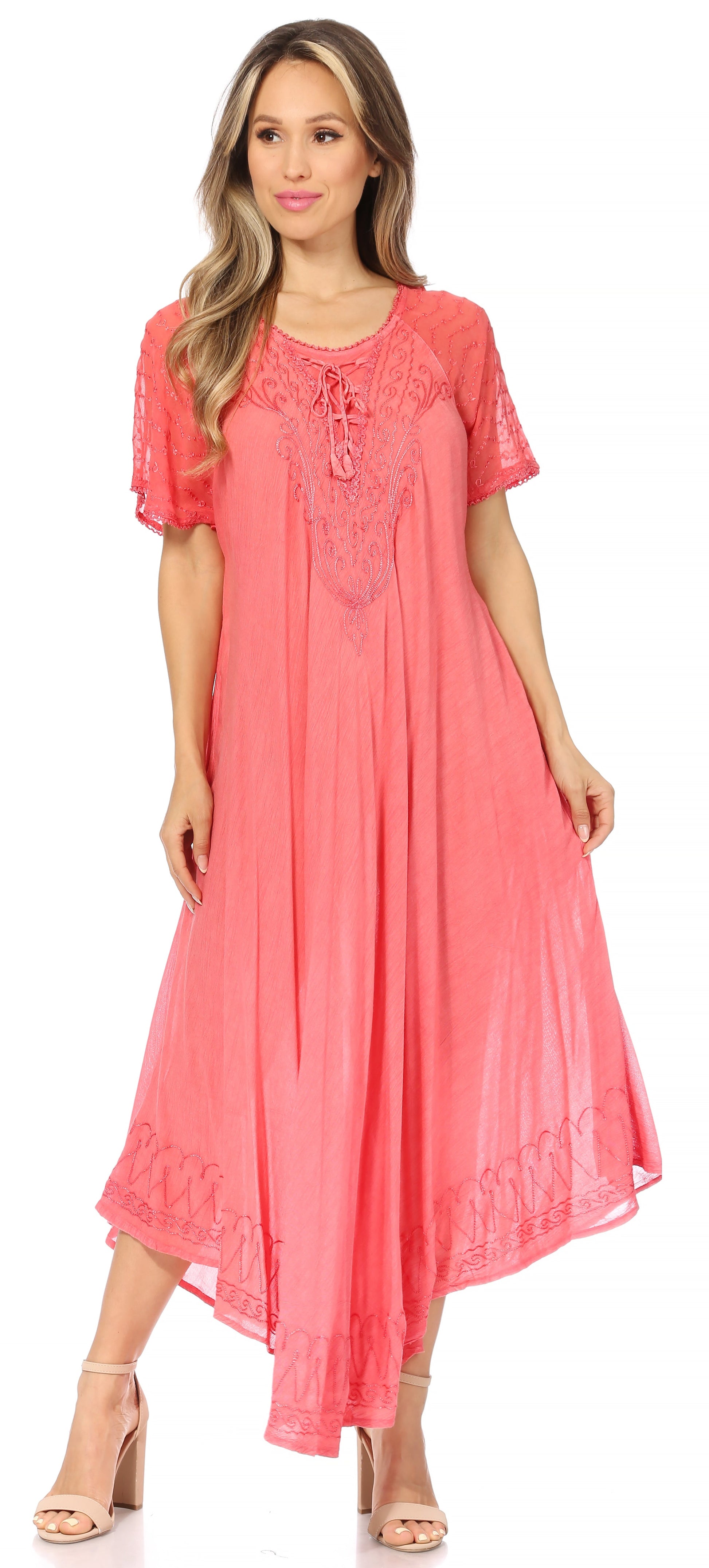 Sakkas Egan Women's Long Embroidered Caftan Dress / Cover Up With Embroidered Cap Sleeves - Concordia Style Boutique