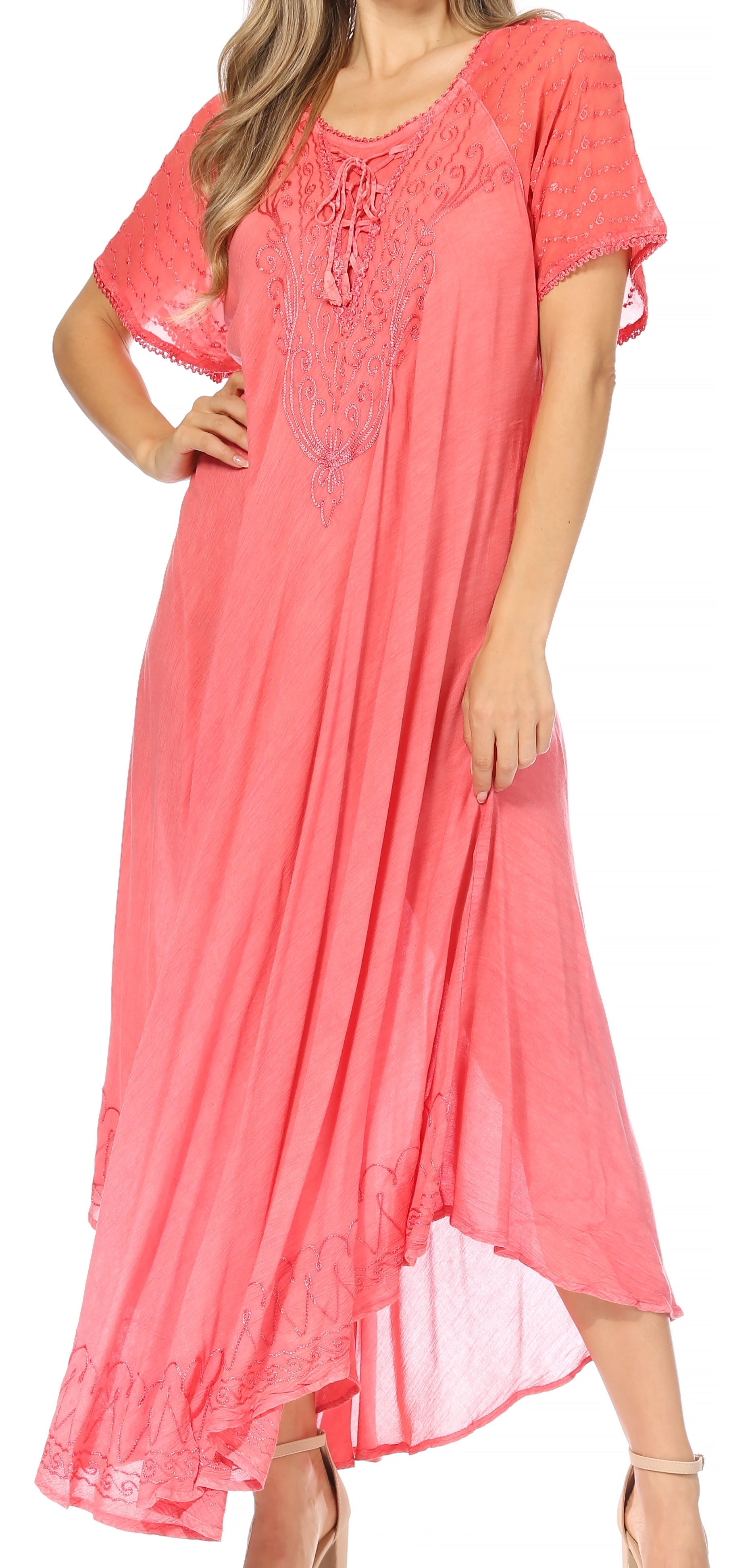 Sakkas Egan Women's Long Embroidered Caftan Dress / Cover Up With Embroidered Cap Sleeves - Concordia Style Boutique