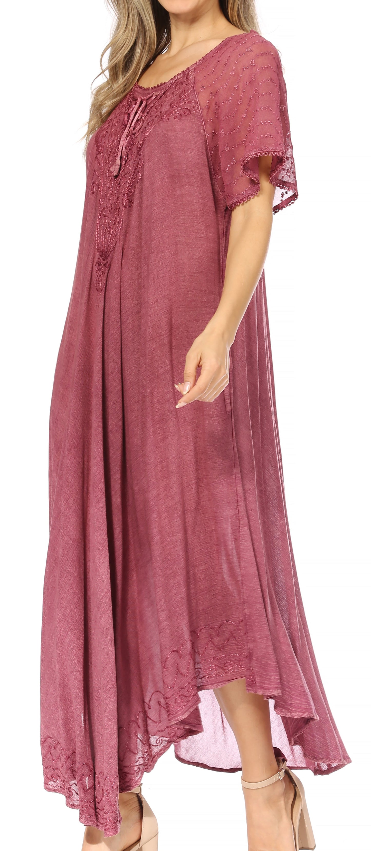 Sakkas Egan Women's Long Embroidered Caftan Dress / Cover Up With Embroidered Cap Sleeves - Concordia Style Boutique