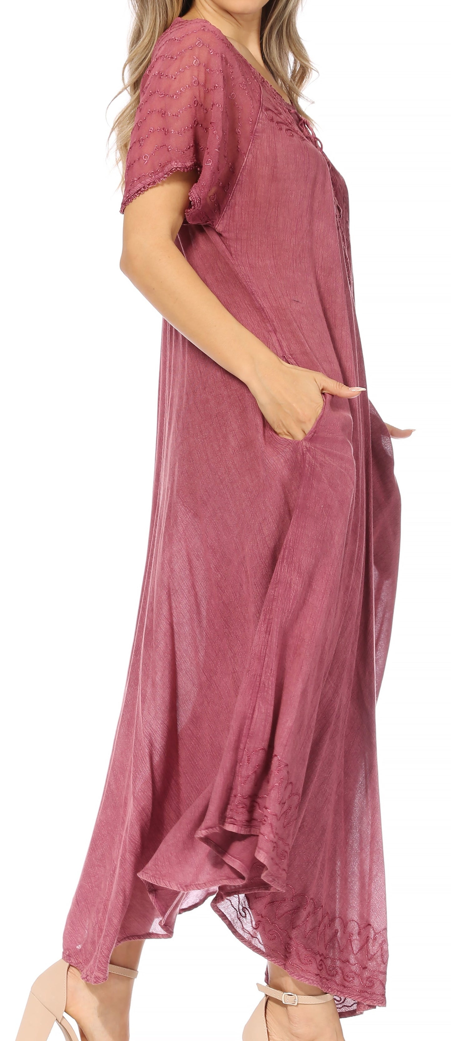Sakkas Egan Women's Long Embroidered Caftan Dress / Cover Up With Embroidered Cap Sleeves - Concordia Style Boutique