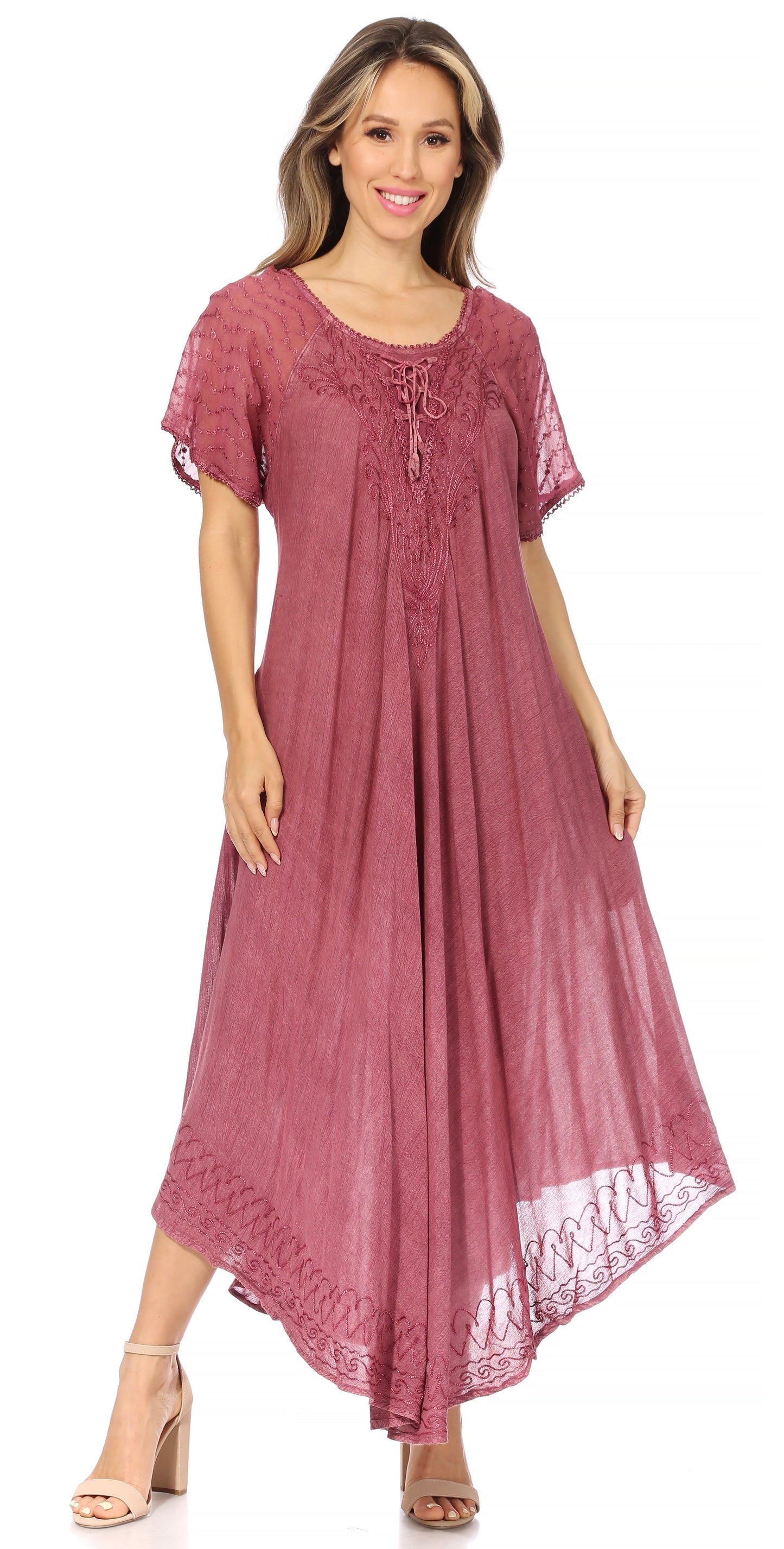 Sakkas Egan Women's Long Embroidered Caftan Dress / Cover Up With Embroidered Cap Sleeves - Concordia Style Boutique