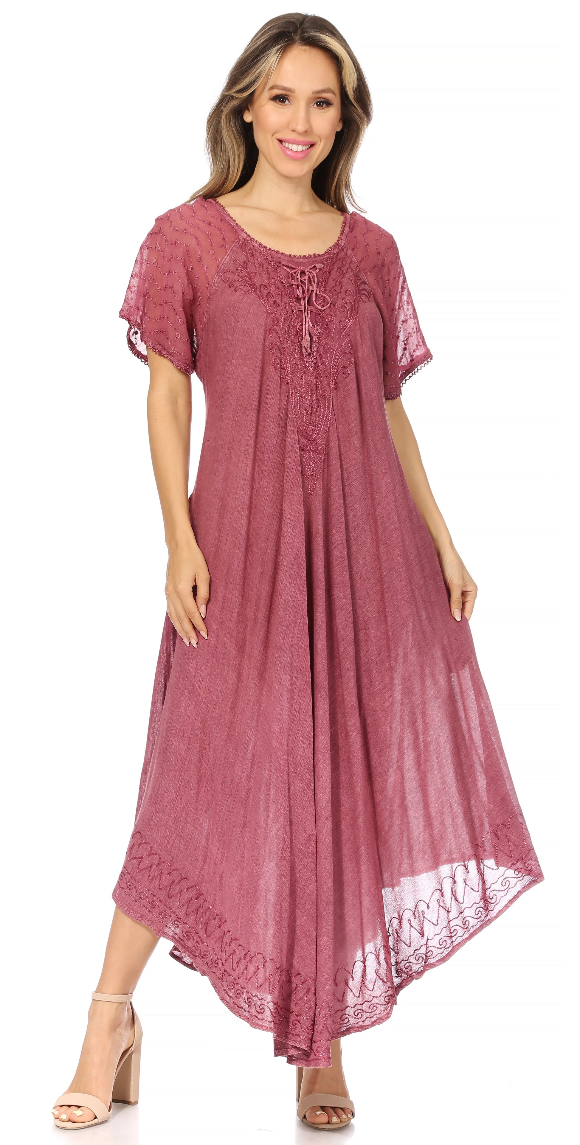 Sakkas Egan Women's Long Embroidered Caftan Dress / Cover Up With Embroidered Cap Sleeves - Concordia Style Boutique