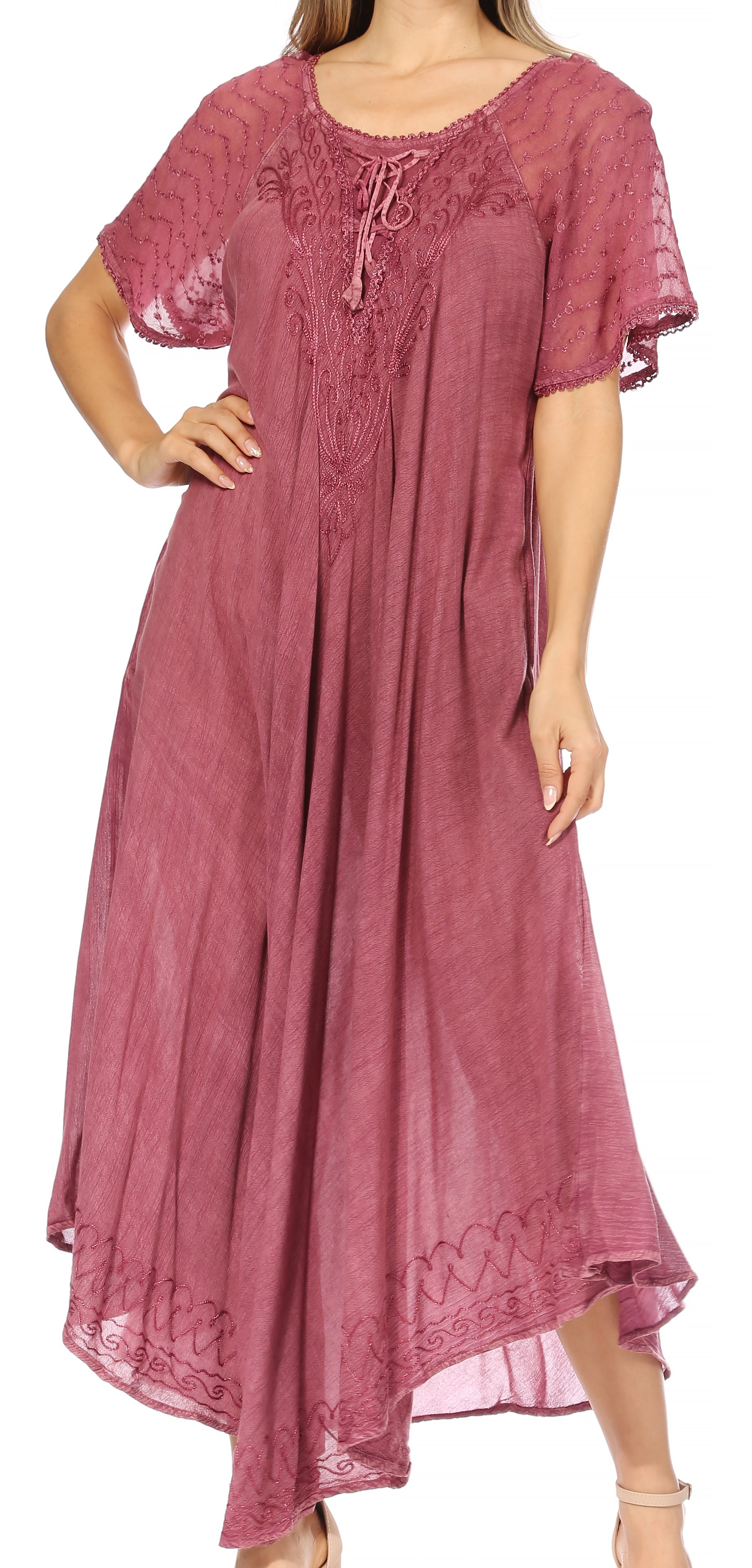 Sakkas Egan Women's Long Embroidered Caftan Dress / Cover Up With Embroidered Cap Sleeves - Concordia Style Boutique