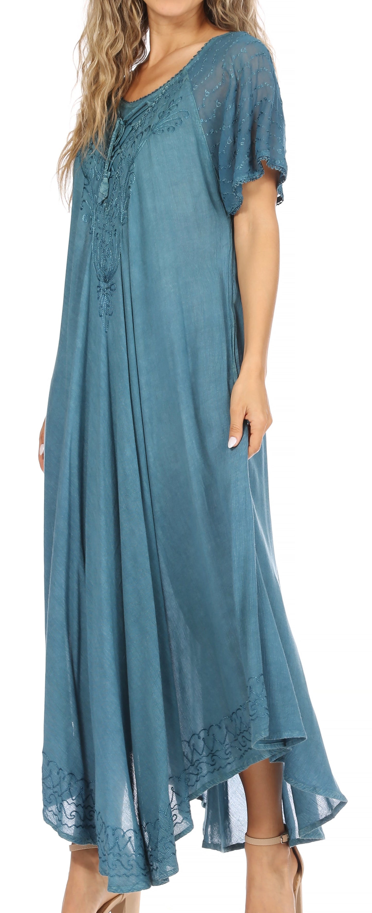 Sakkas Egan Women's Long Embroidered Caftan Dress / Cover Up With Embroidered Cap Sleeves - Concordia Style Boutique