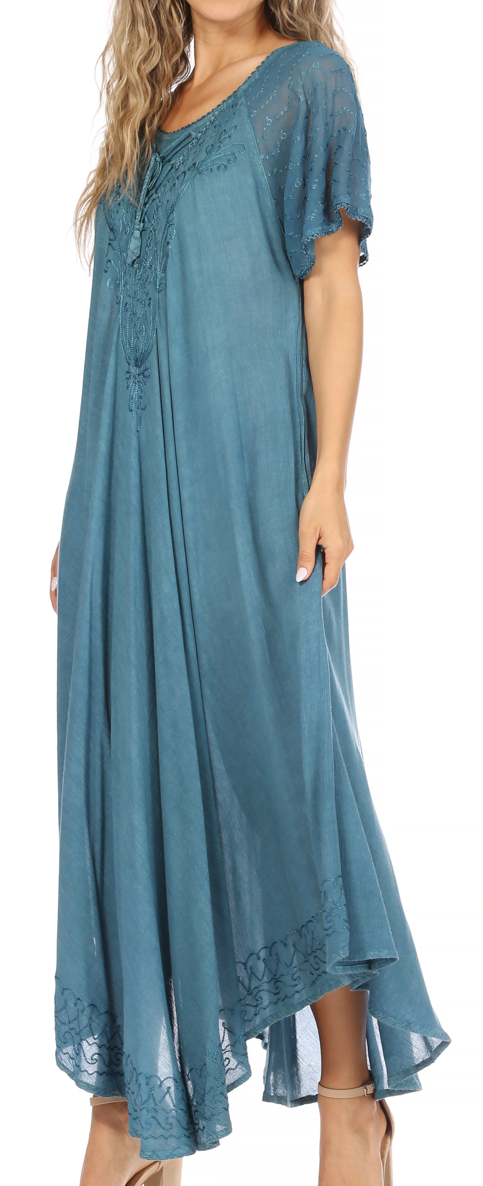 Sakkas Egan Women's Long Embroidered Caftan Dress / Cover Up With Embroidered Cap Sleeves - Concordia Style Boutique