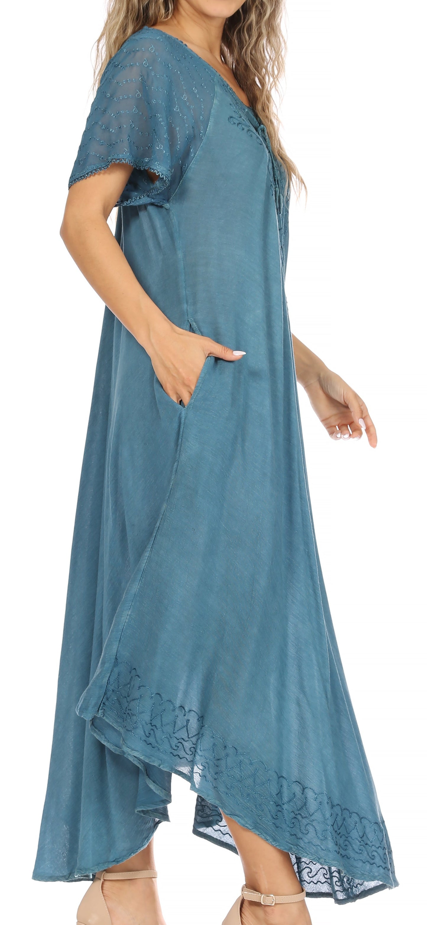 Sakkas Egan Women's Long Embroidered Caftan Dress / Cover Up With Embroidered Cap Sleeves - Concordia Style Boutique