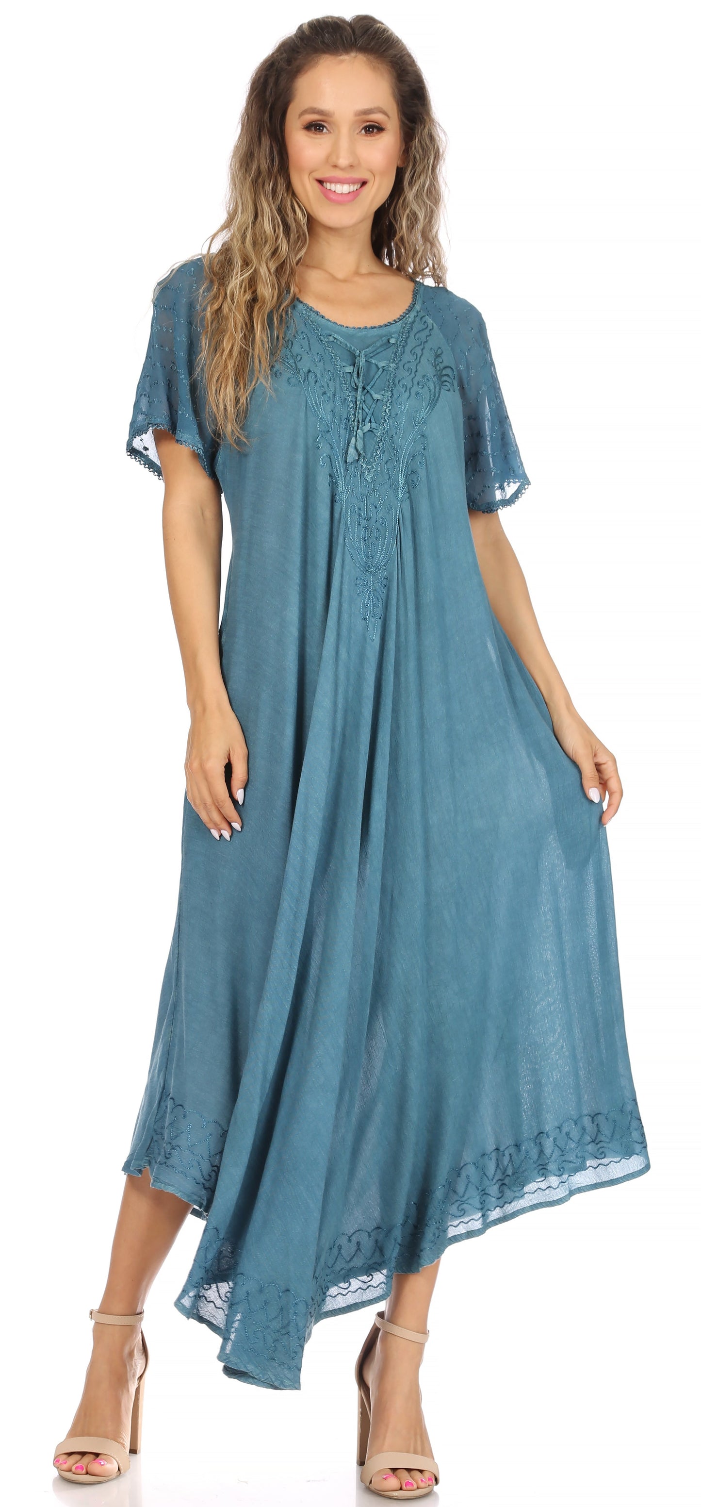 Sakkas Egan Women's Long Embroidered Caftan Dress / Cover Up With Embroidered Cap Sleeves - Concordia Style Boutique