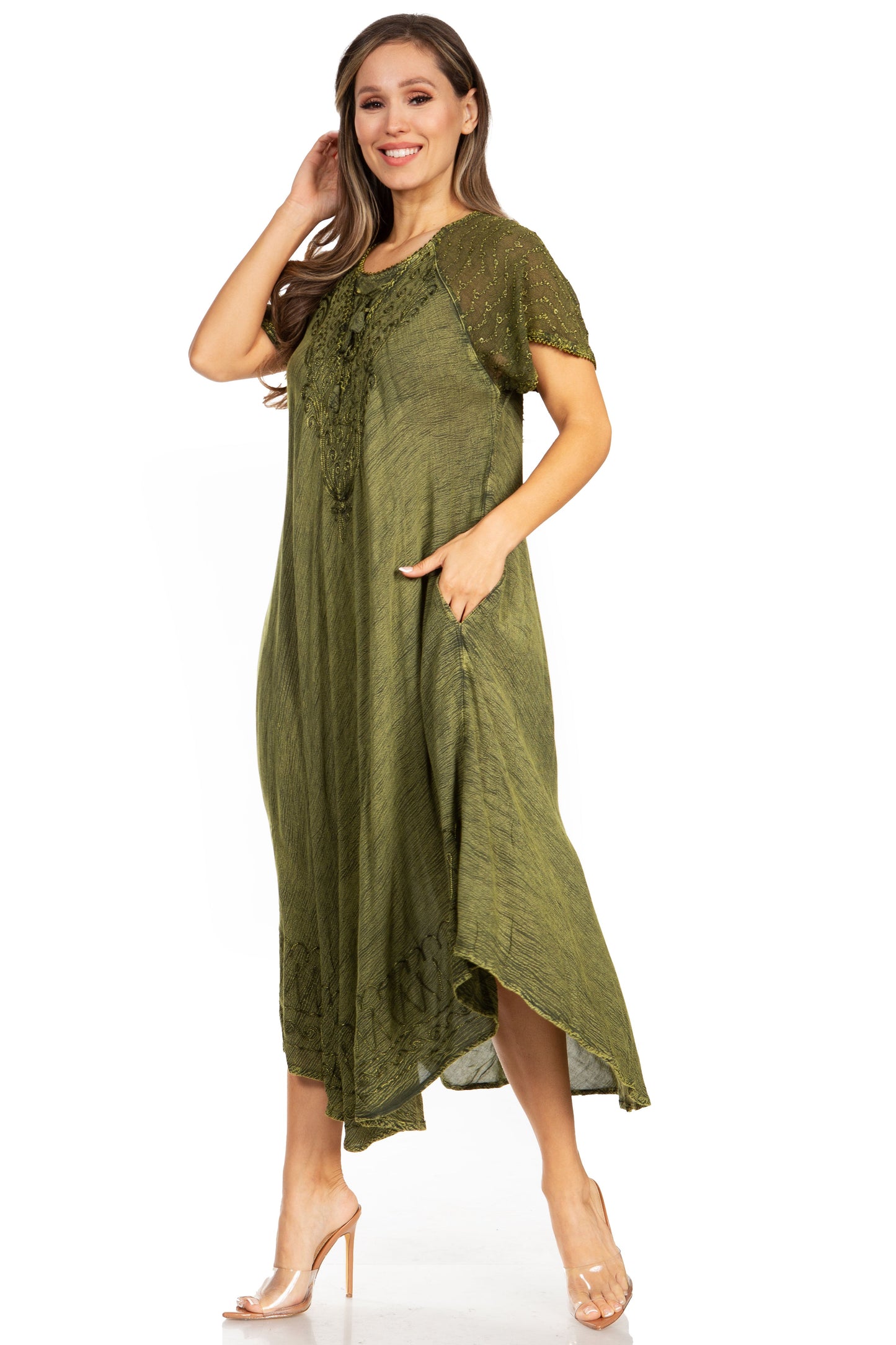 Sakkas Egan Women's Long Embroidered Caftan Dress / Cover Up With Embroidered Cap Sleeves - Concordia Style Boutique