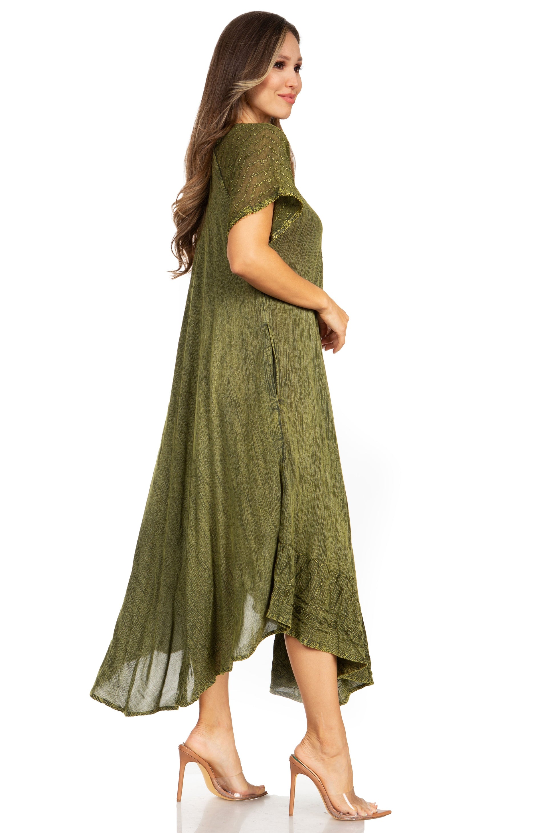 Sakkas Egan Women's Long Embroidered Caftan Dress / Cover Up With Embroidered Cap Sleeves - Concordia Style Boutique