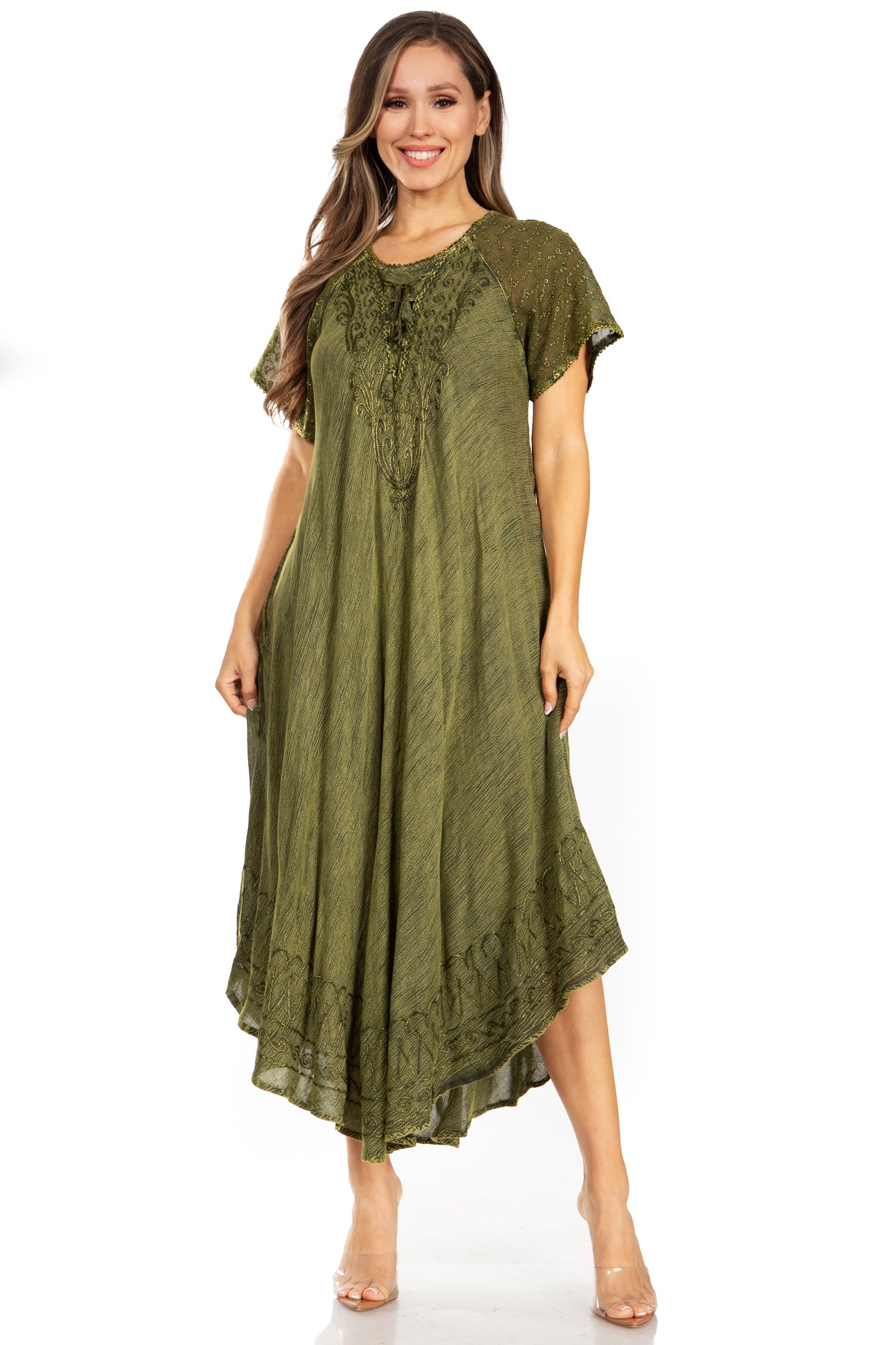 Sakkas Egan Women's Long Embroidered Caftan Dress / Cover Up With Embroidered Cap Sleeves - Concordia Style Boutique