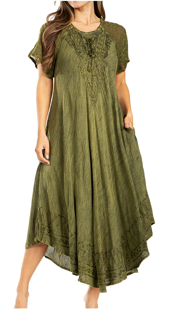 Sakkas Egan Women's Long Embroidered Caftan Dress / Cover Up With Embroidered Cap Sleeves - Concordia Style Boutique