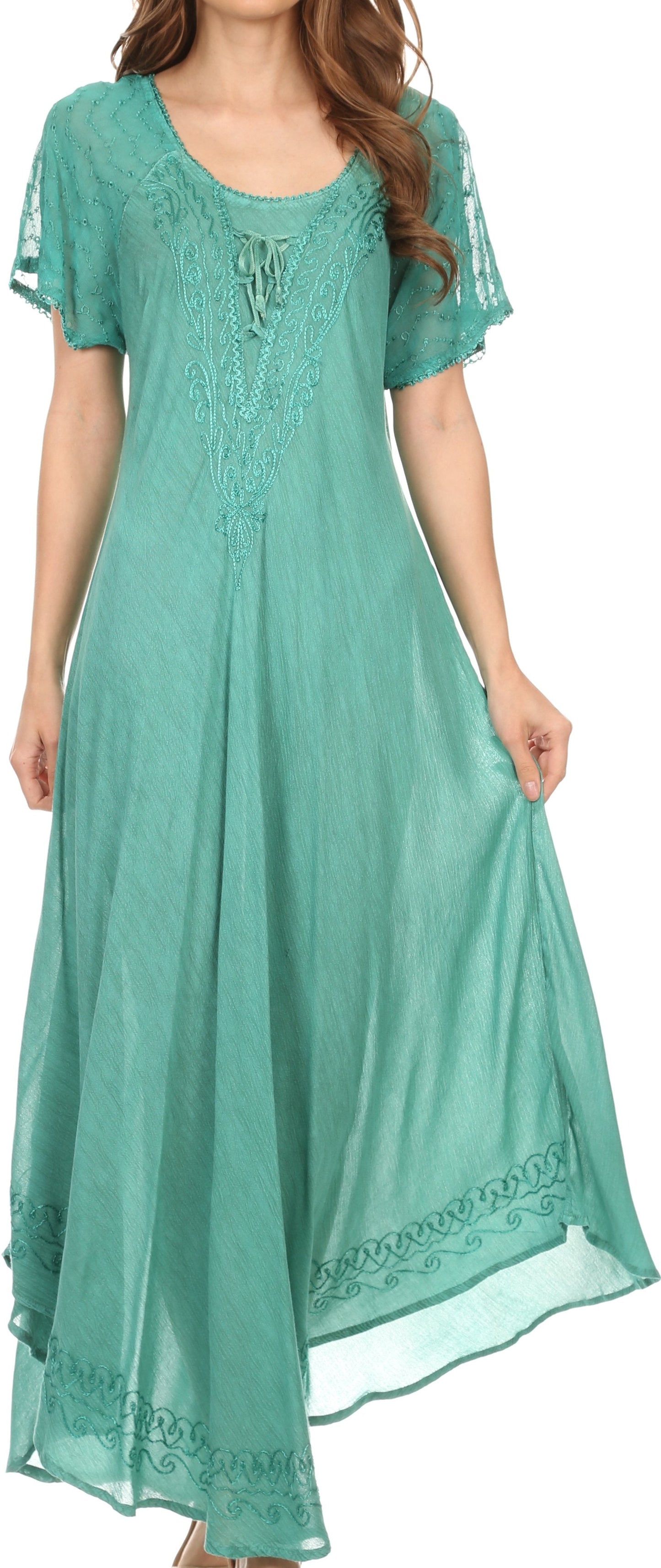 Sakkas Egan Women's Long Embroidered Caftan Dress / Cover Up With Embroidered Cap Sleeves - Concordia Style Boutique