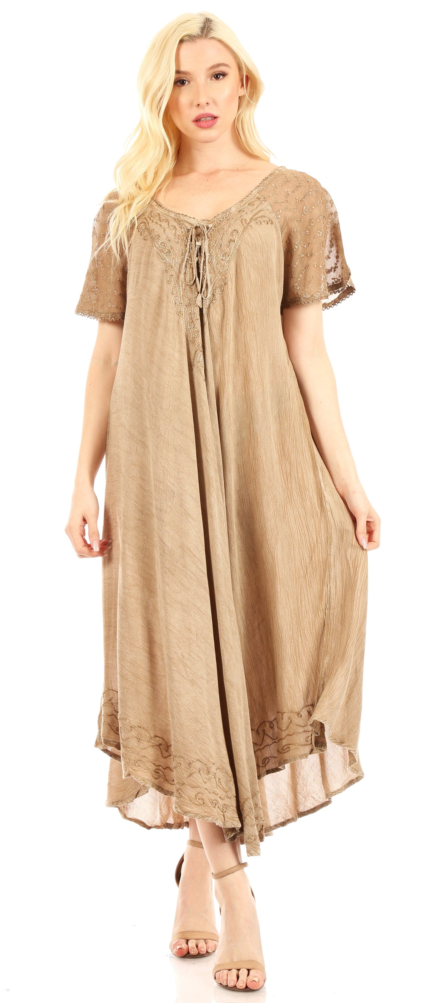 Sakkas Egan Women's Long Embroidered Caftan Dress / Cover Up With Embroidered Cap Sleeves - Concordia Style Boutique