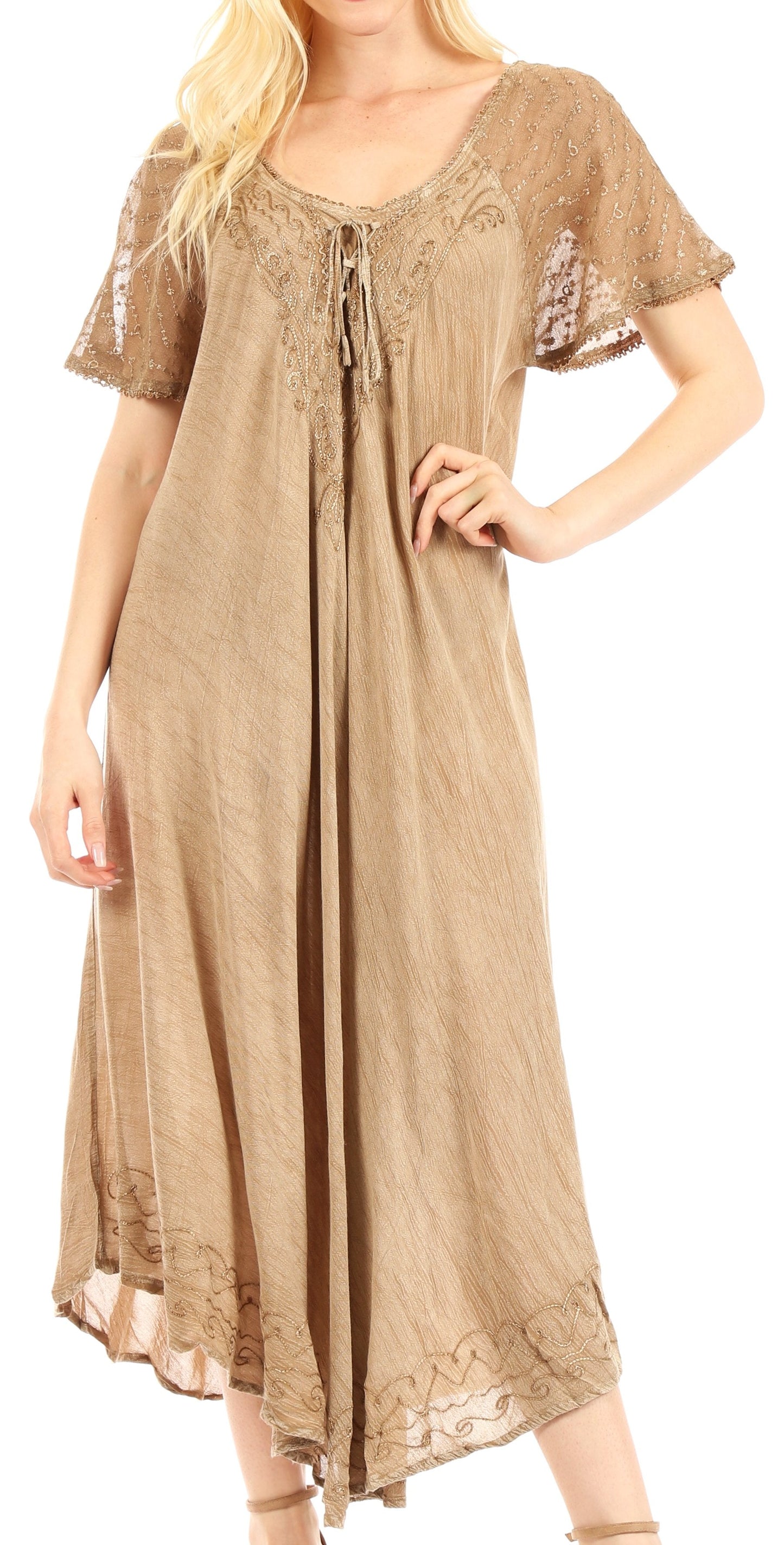 Sakkas Egan Women's Long Embroidered Caftan Dress / Cover Up With Embroidered Cap Sleeves - Concordia Style Boutique