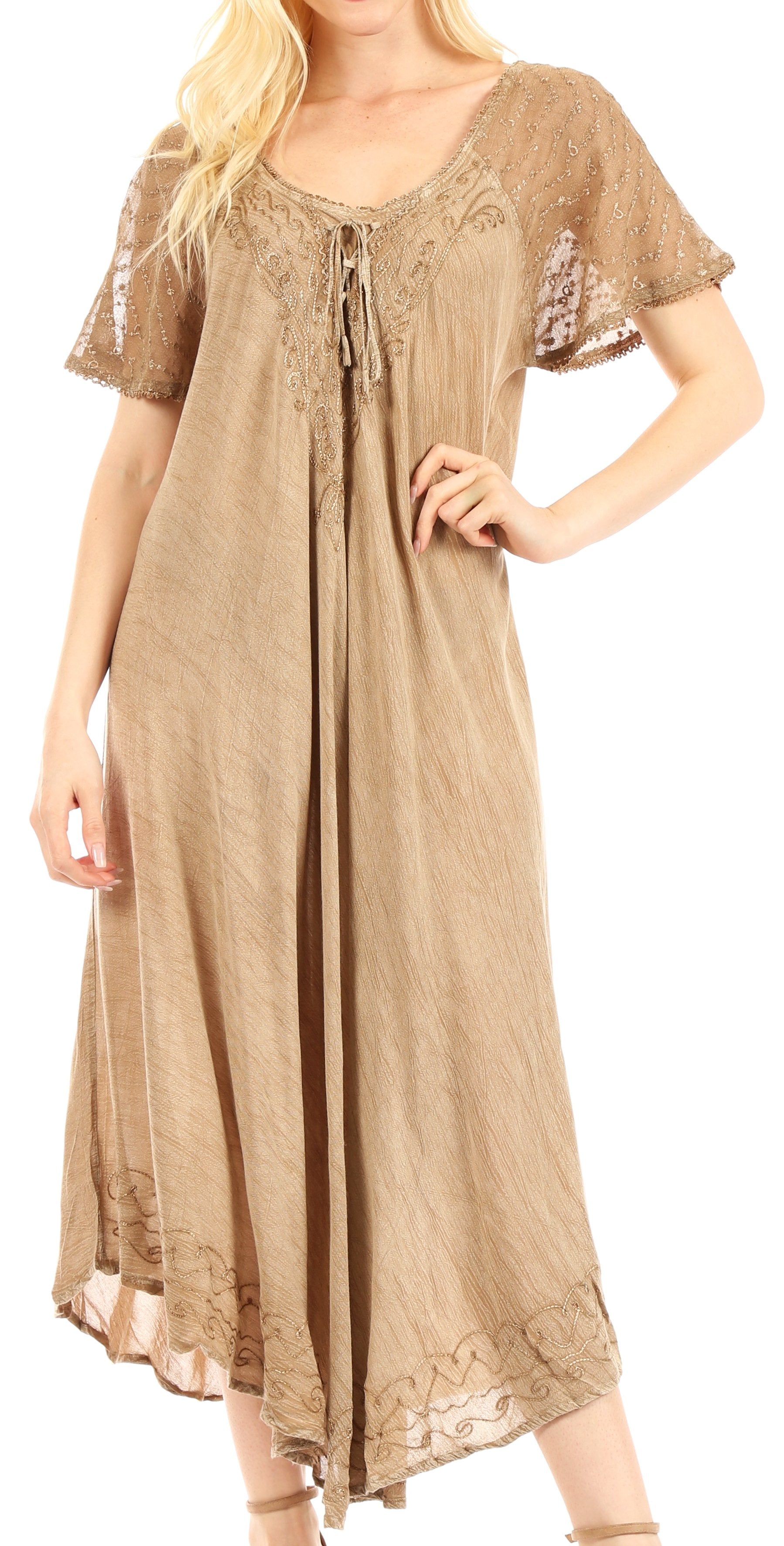 Sakkas Egan Women's Long Embroidered Caftan Dress / Cover Up With Embroidered Cap Sleeves - Concordia Style Boutique