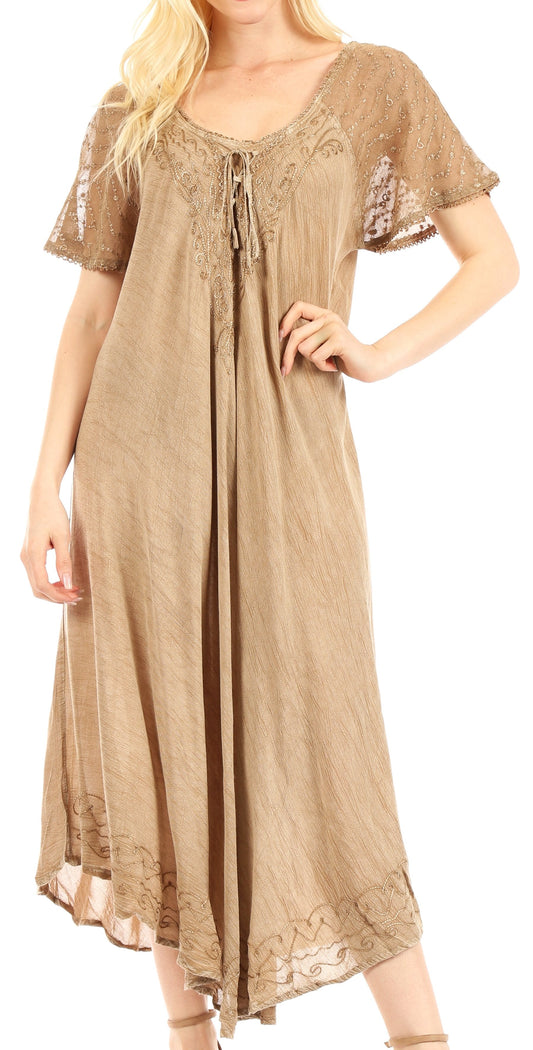 Sakkas Egan Women's Long Embroidered Caftan Dress / Cover Up With Embroidered Cap Sleeves - Concordia Style Boutique