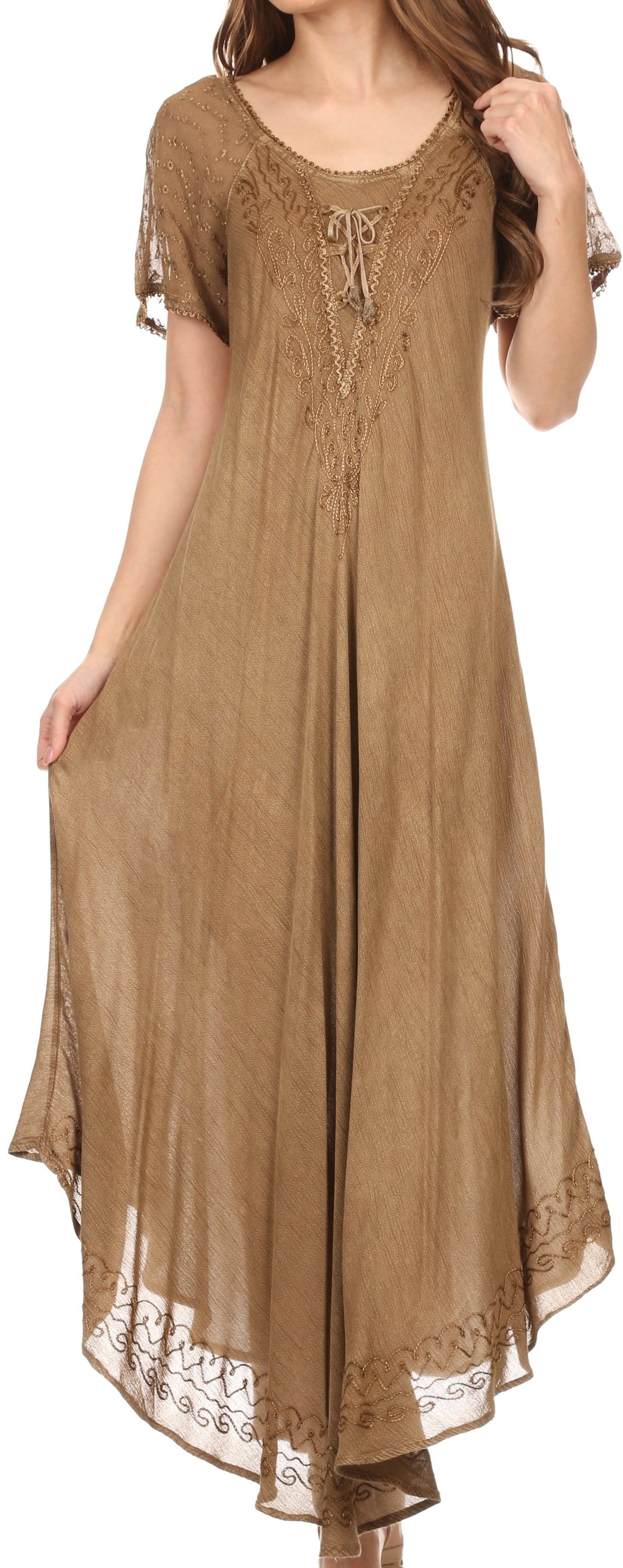 Sakkas Egan Women's Long Embroidered Caftan Dress / Cover Up With Embroidered Cap Sleeves - Concordia Style Boutique
