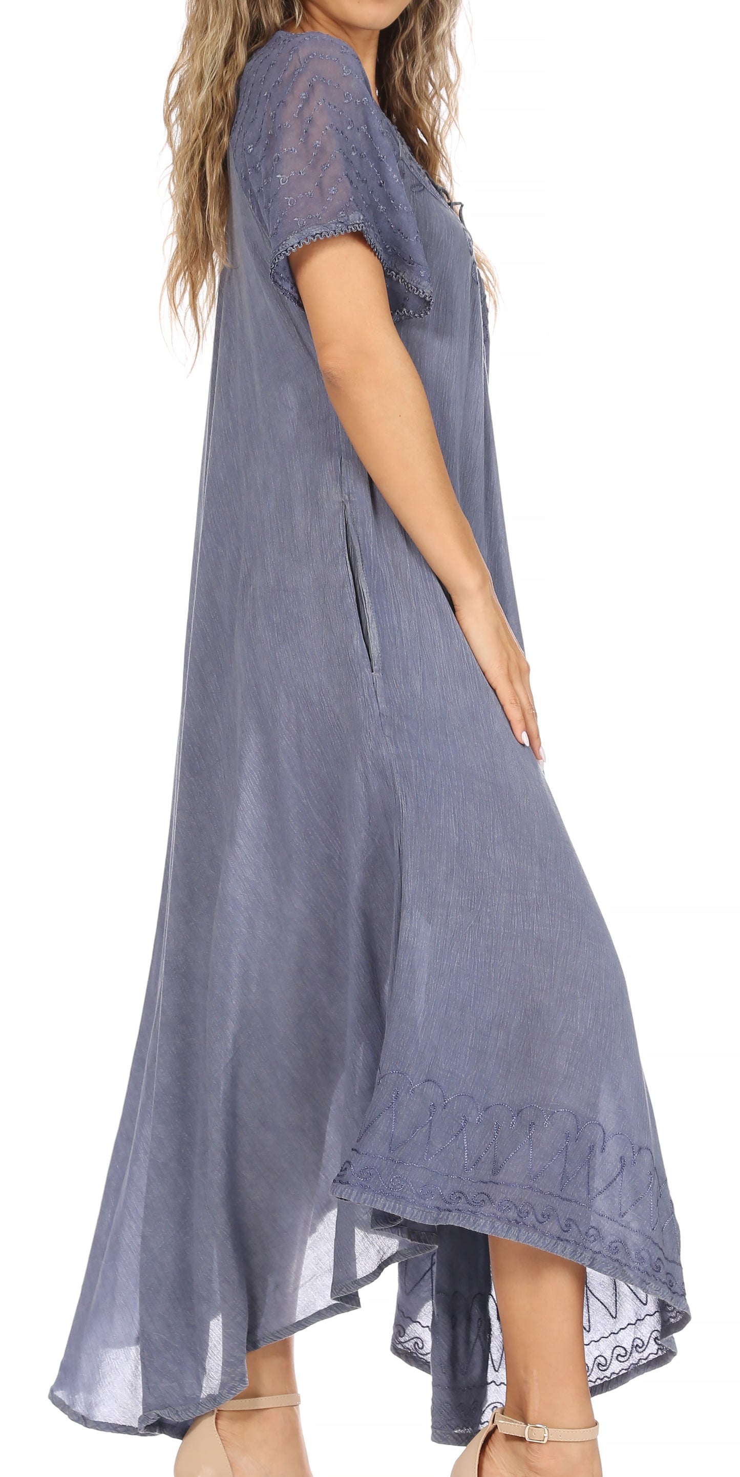 Sakkas Egan Women's Long Embroidered Caftan Dress / Cover Up With Embroidered Cap Sleeves - Concordia Style Boutique