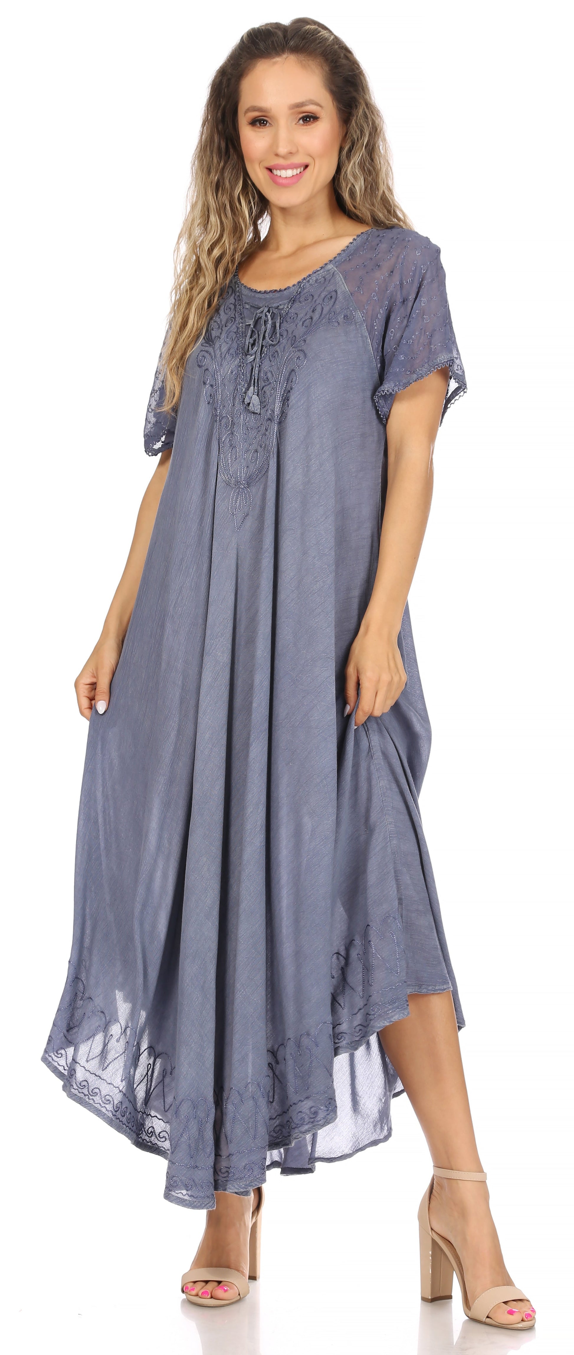 Sakkas Egan Women's Long Embroidered Caftan Dress / Cover Up With Embroidered Cap Sleeves - Concordia Style Boutique