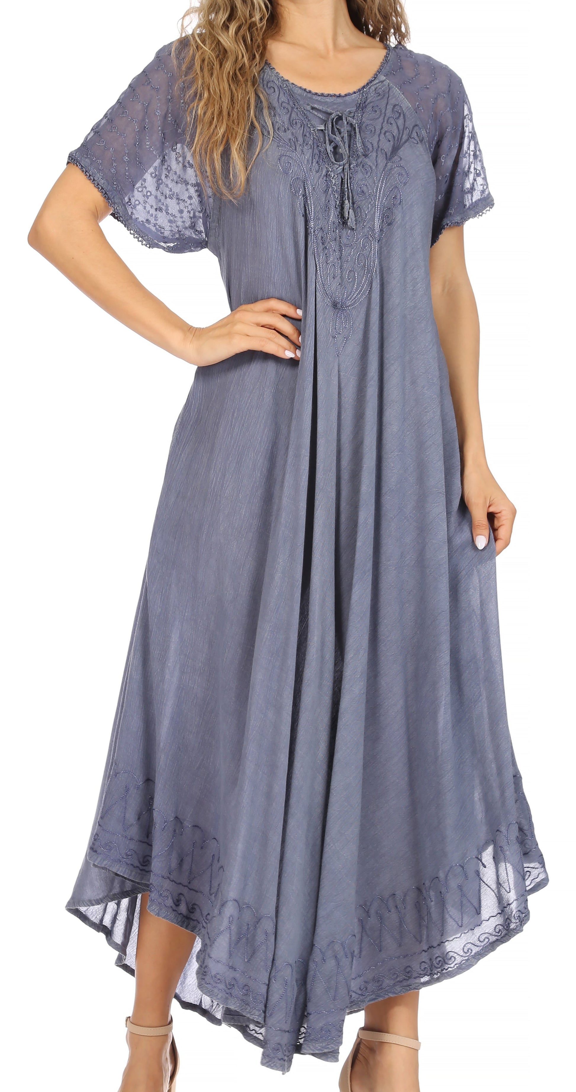 Sakkas Egan Women's Long Embroidered Caftan Dress / Cover Up With Embroidered Cap Sleeves - Concordia Style Boutique
