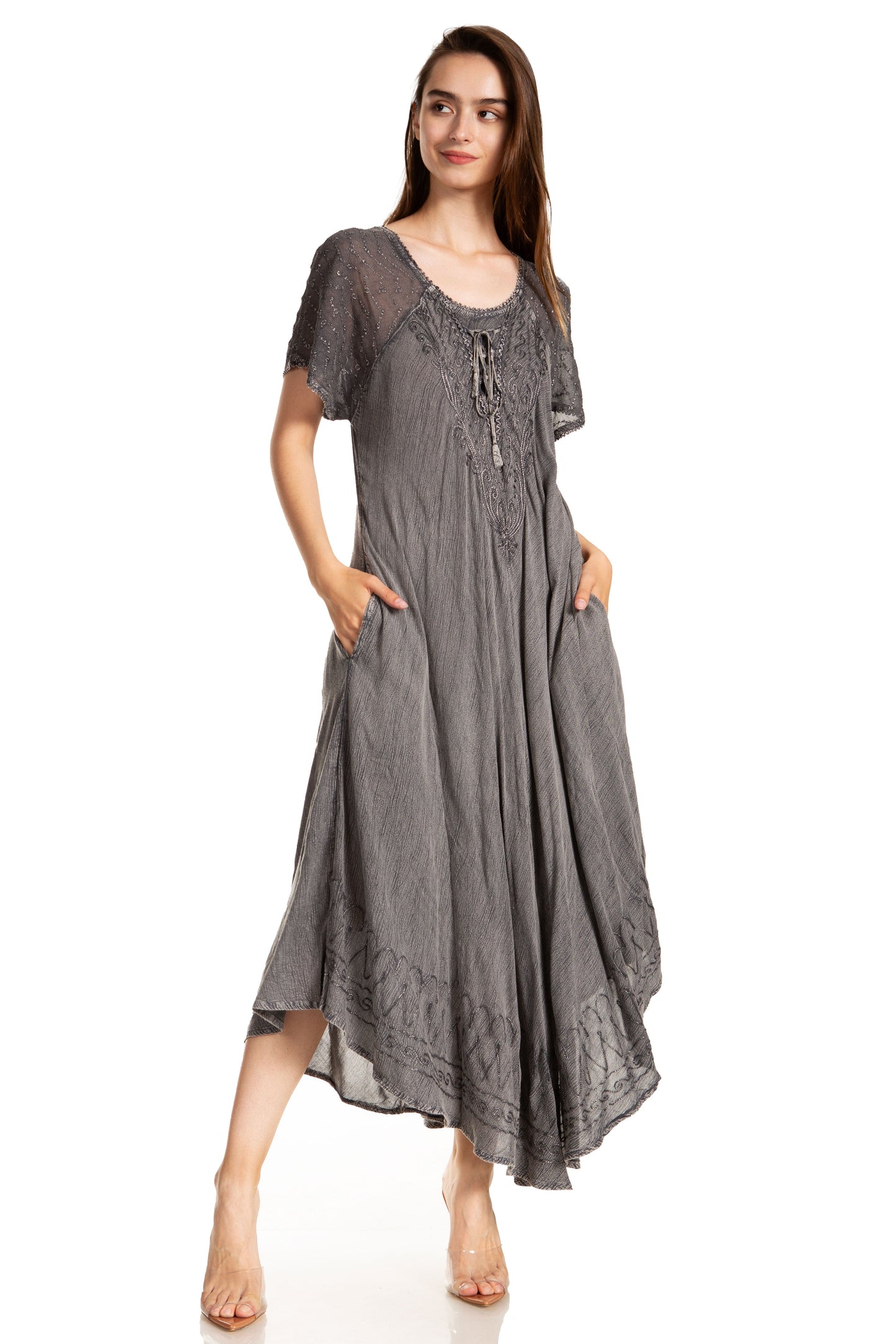 Sakkas Egan Women's Long Embroidered Caftan Dress / Cover Up With Embroidered Cap Sleeves - Concordia Style Boutique