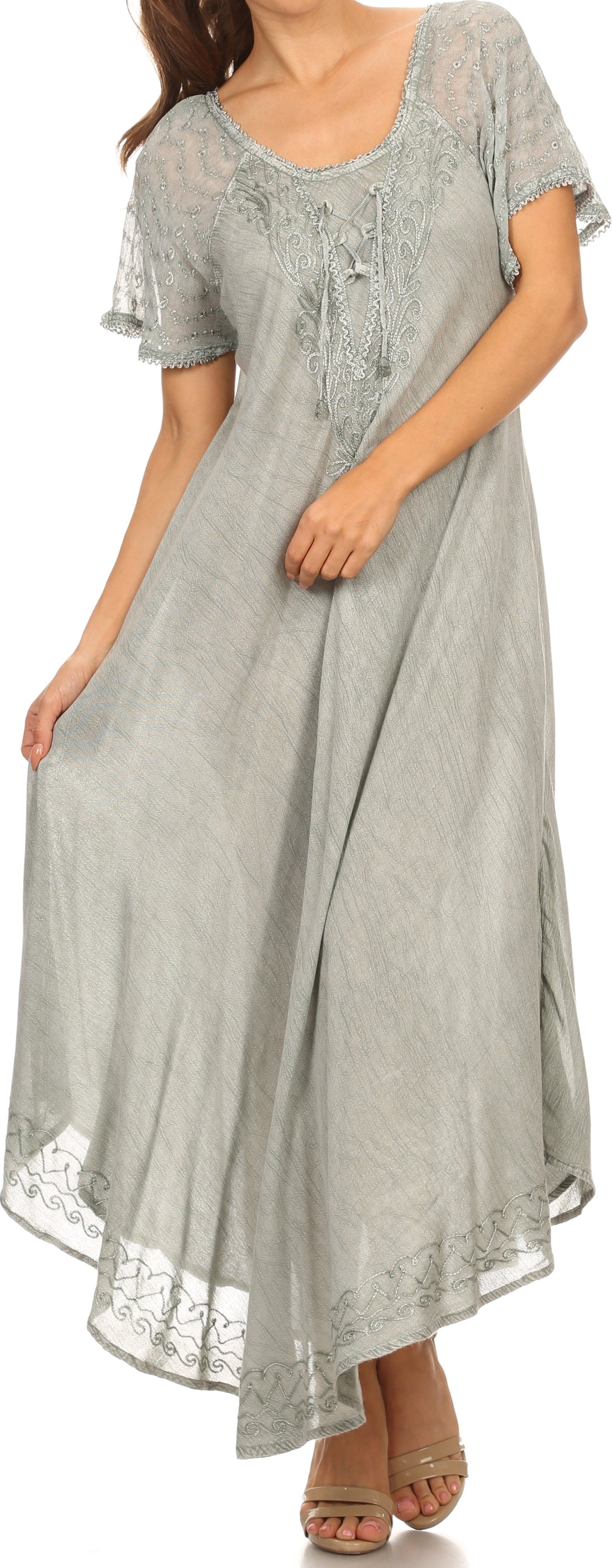 Sakkas Egan Women's Long Embroidered Caftan Dress / Cover Up With Embroidered Cap Sleeves - Concordia Style Boutique