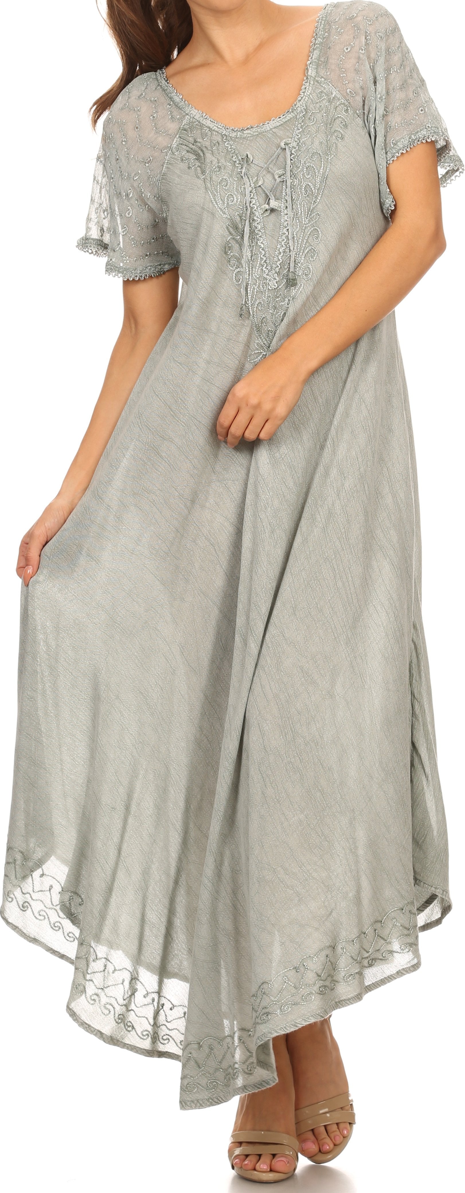 Sakkas Egan Women's Long Embroidered Caftan Dress / Cover Up With Embroidered Cap Sleeves - Concordia Style Boutique