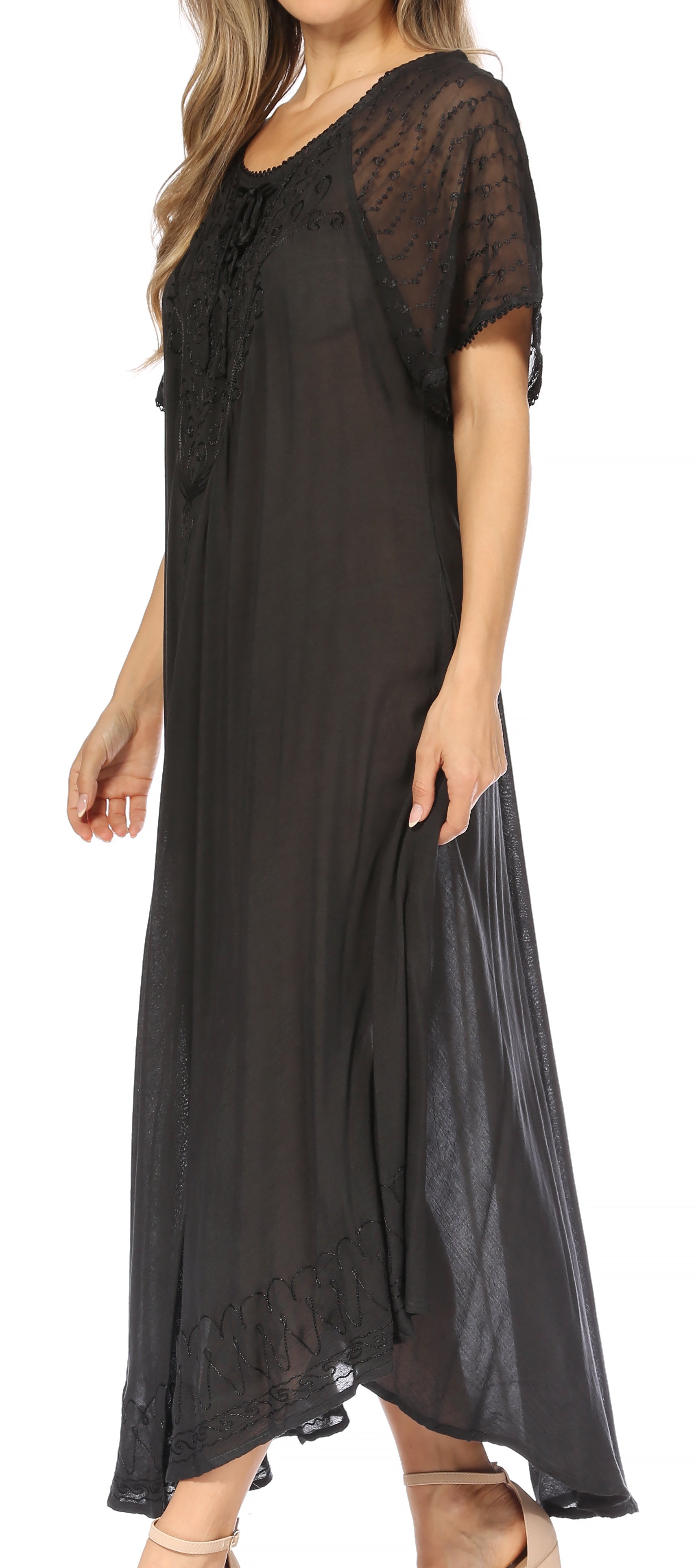 Sakkas Egan Women's Long Embroidered Caftan Dress / Cover Up With Embroidered Cap Sleeves - Concordia Style Boutique