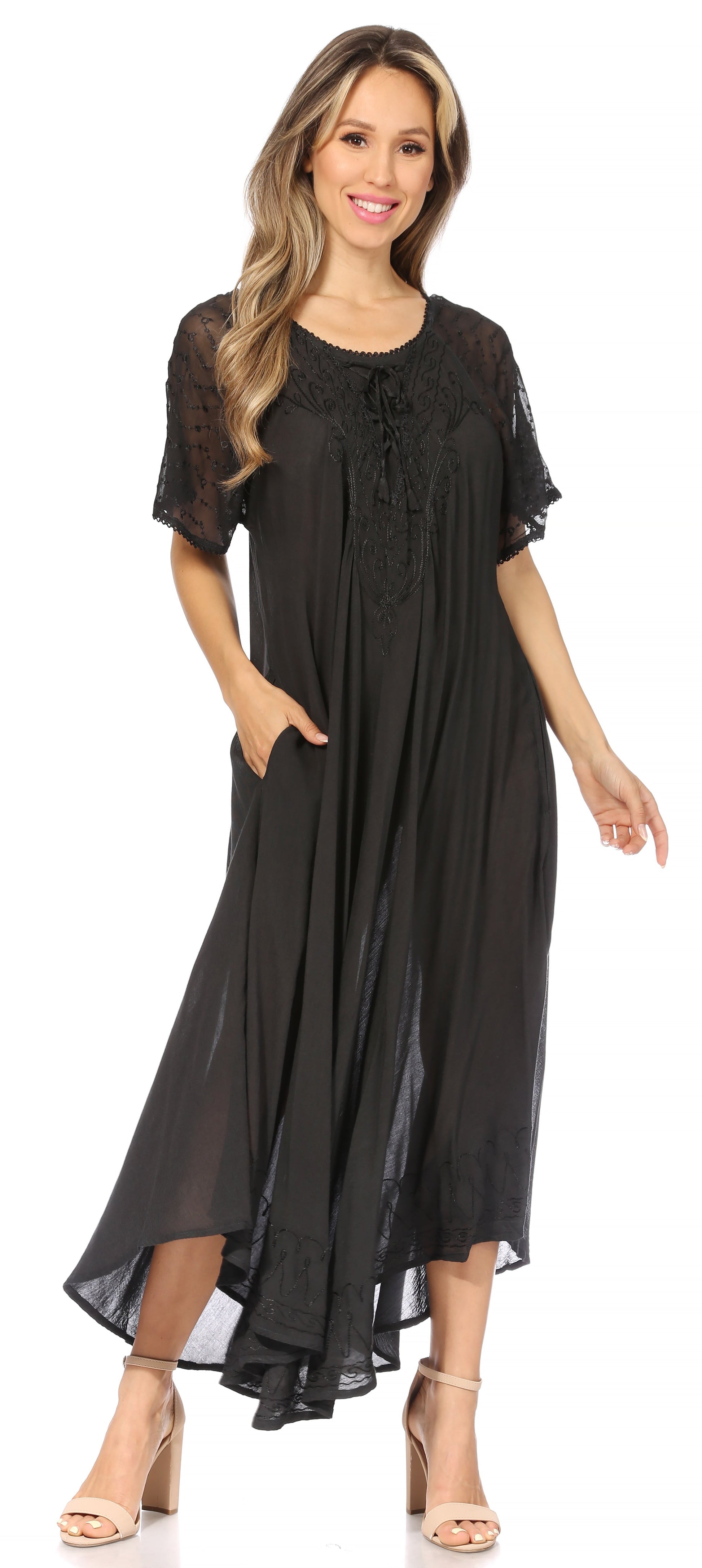 Sakkas Egan Women's Long Embroidered Caftan Dress / Cover Up With Embroidered Cap Sleeves - Concordia Style Boutique