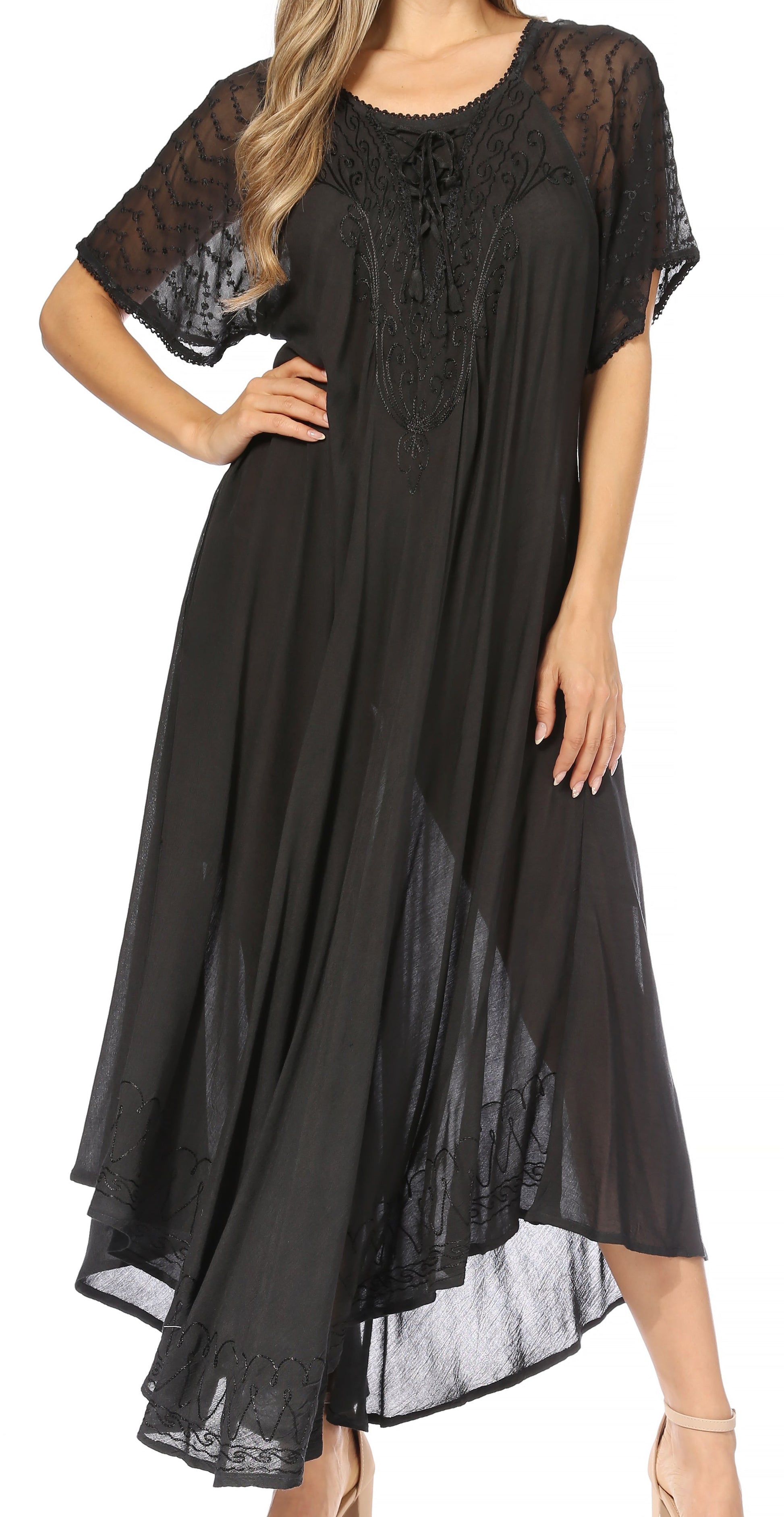 Sakkas Egan Women's Long Embroidered Caftan Dress / Cover Up With Embroidered Cap Sleeves - Concordia Style Boutique