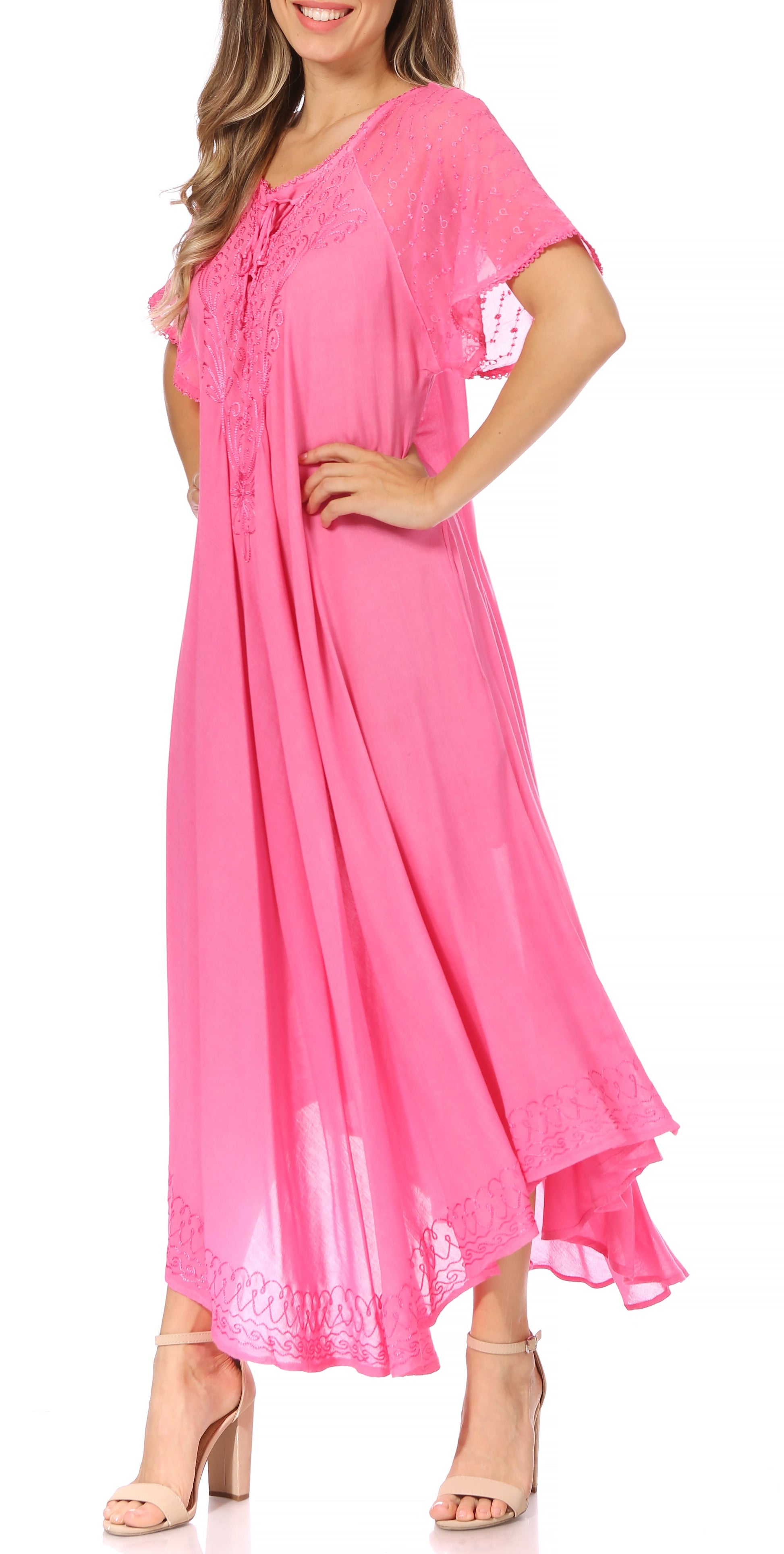 Sakkas Egan Women's Long Embroidered Caftan Dress / Cover Up With Embroidered Cap Sleeves - Concordia Style Boutique