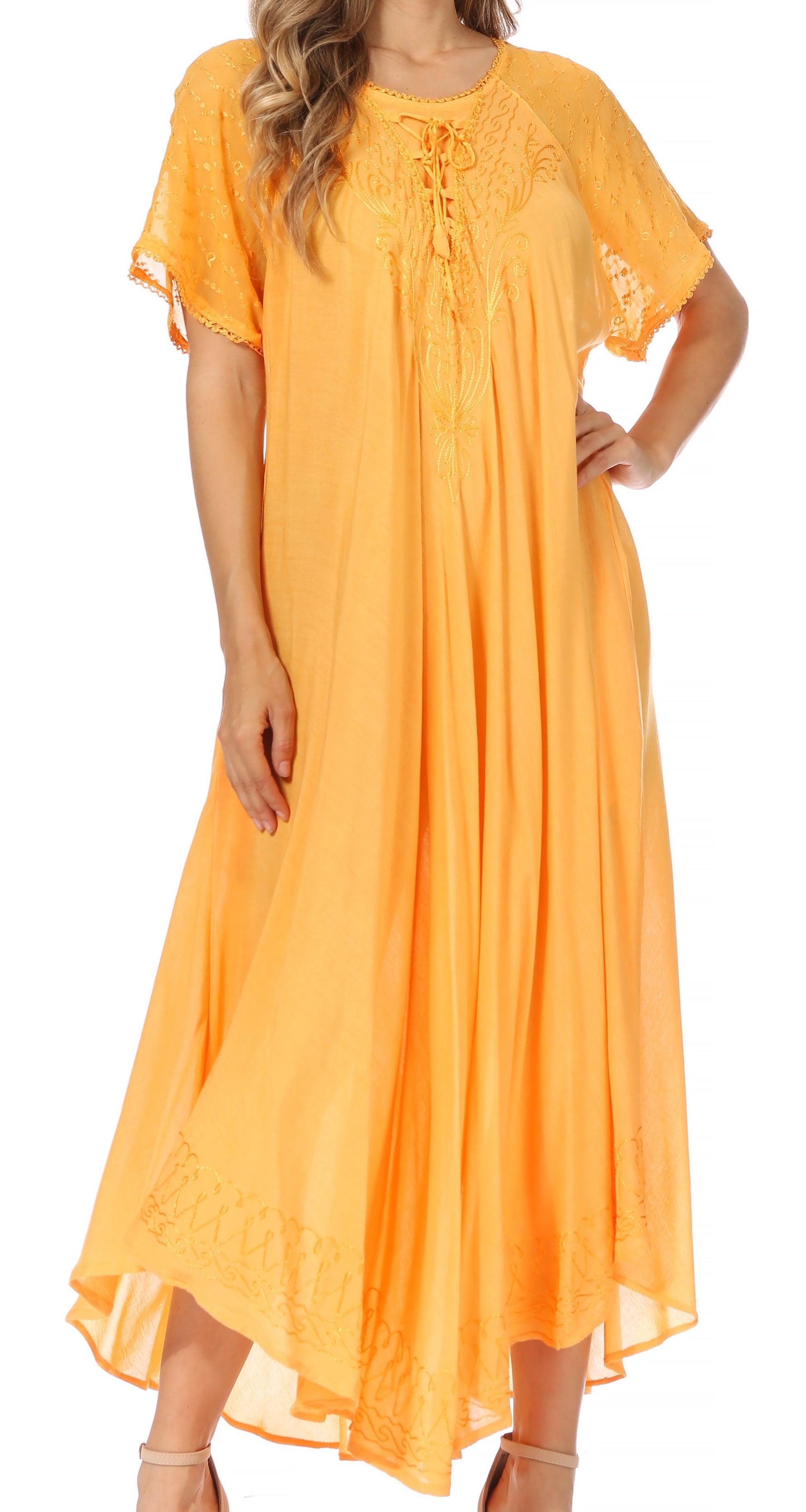 Sakkas Egan Women's Long Embroidered Caftan Dress / Cover Up With Embroidered Cap Sleeves - Concordia Style Boutique