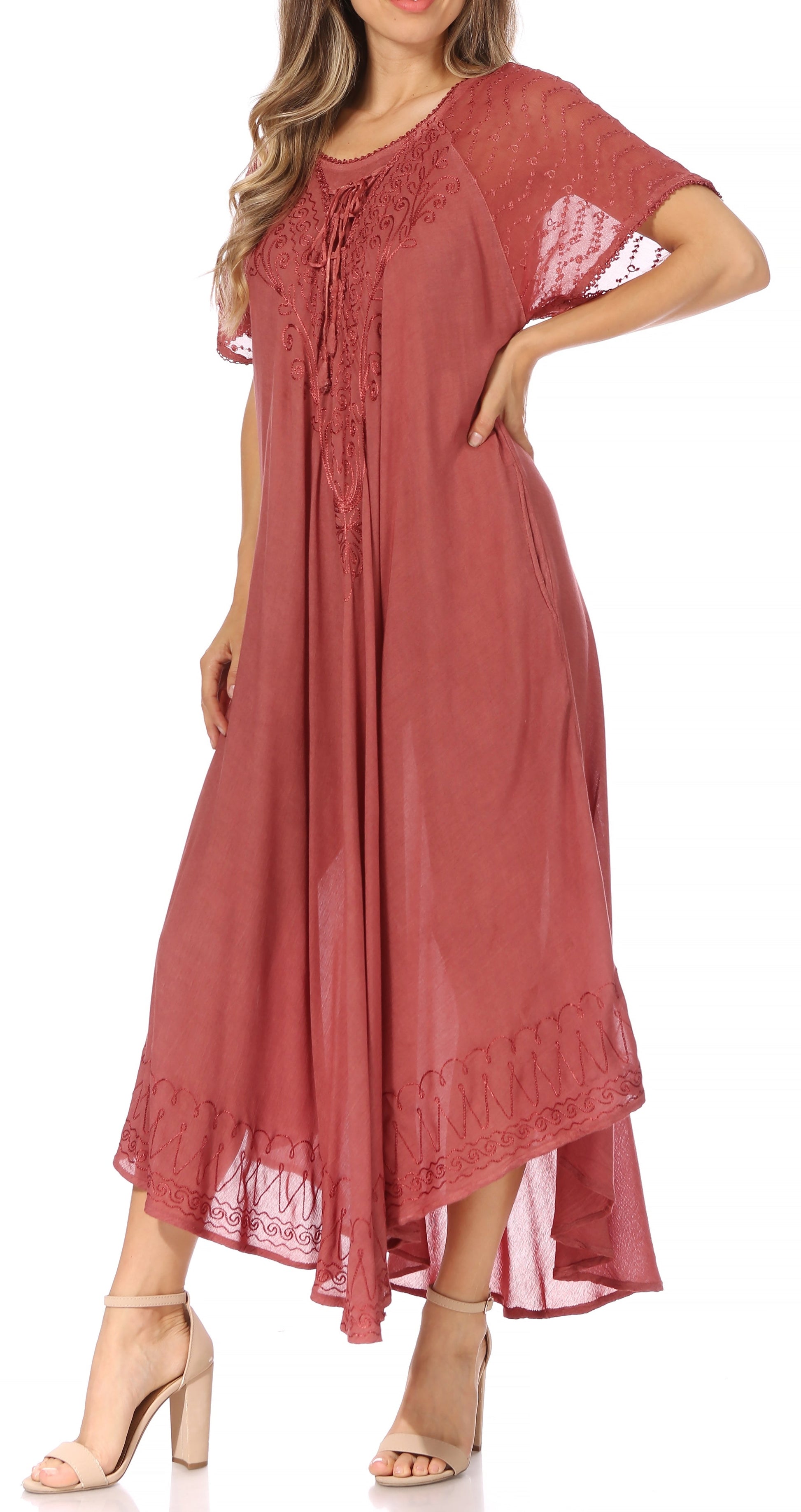 Sakkas Egan Women's Long Embroidered Caftan Dress / Cover Up With Embroidered Cap Sleeves - Concordia Style Boutique