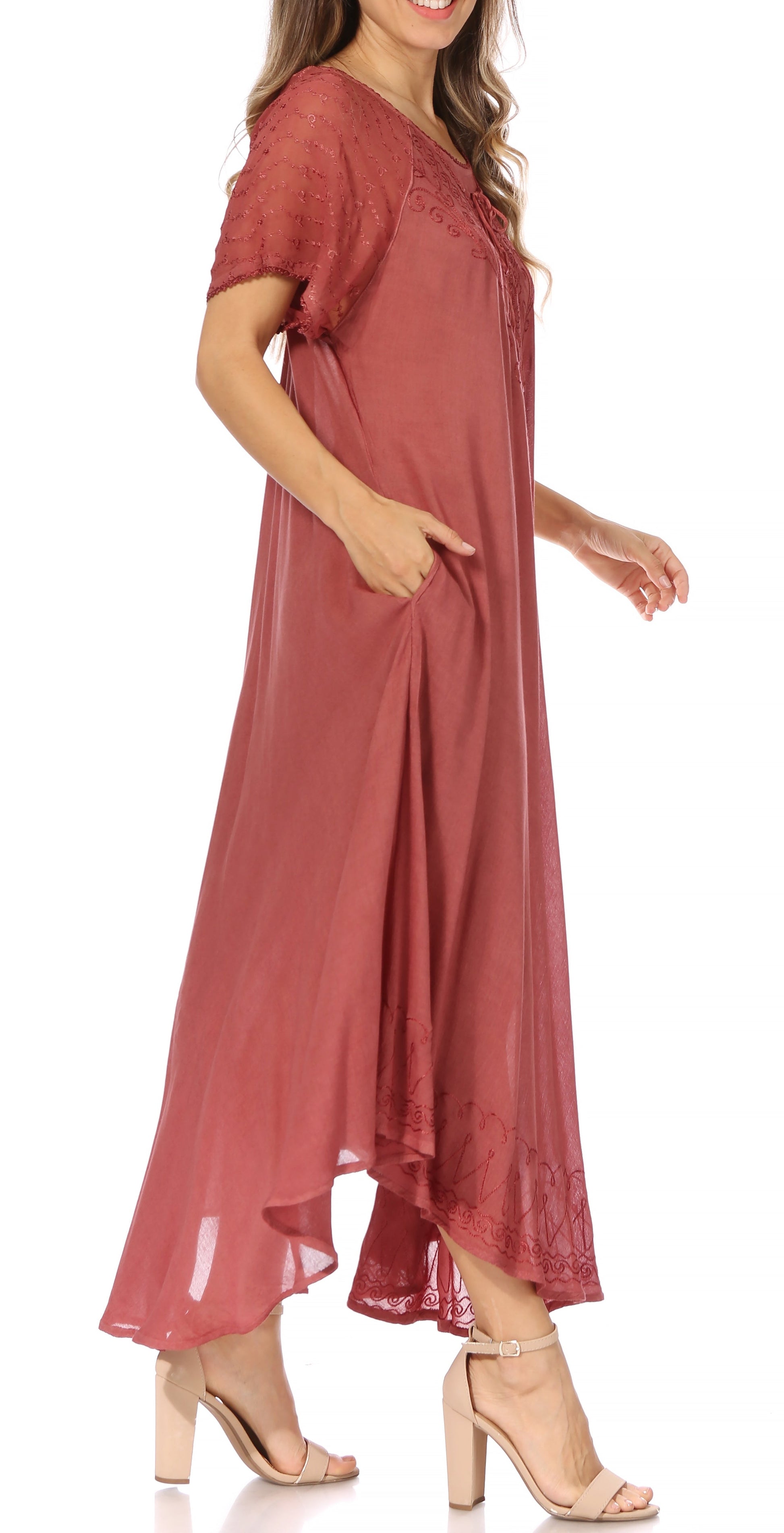 Sakkas Egan Women's Long Embroidered Caftan Dress / Cover Up With Embroidered Cap Sleeves - Concordia Style Boutique