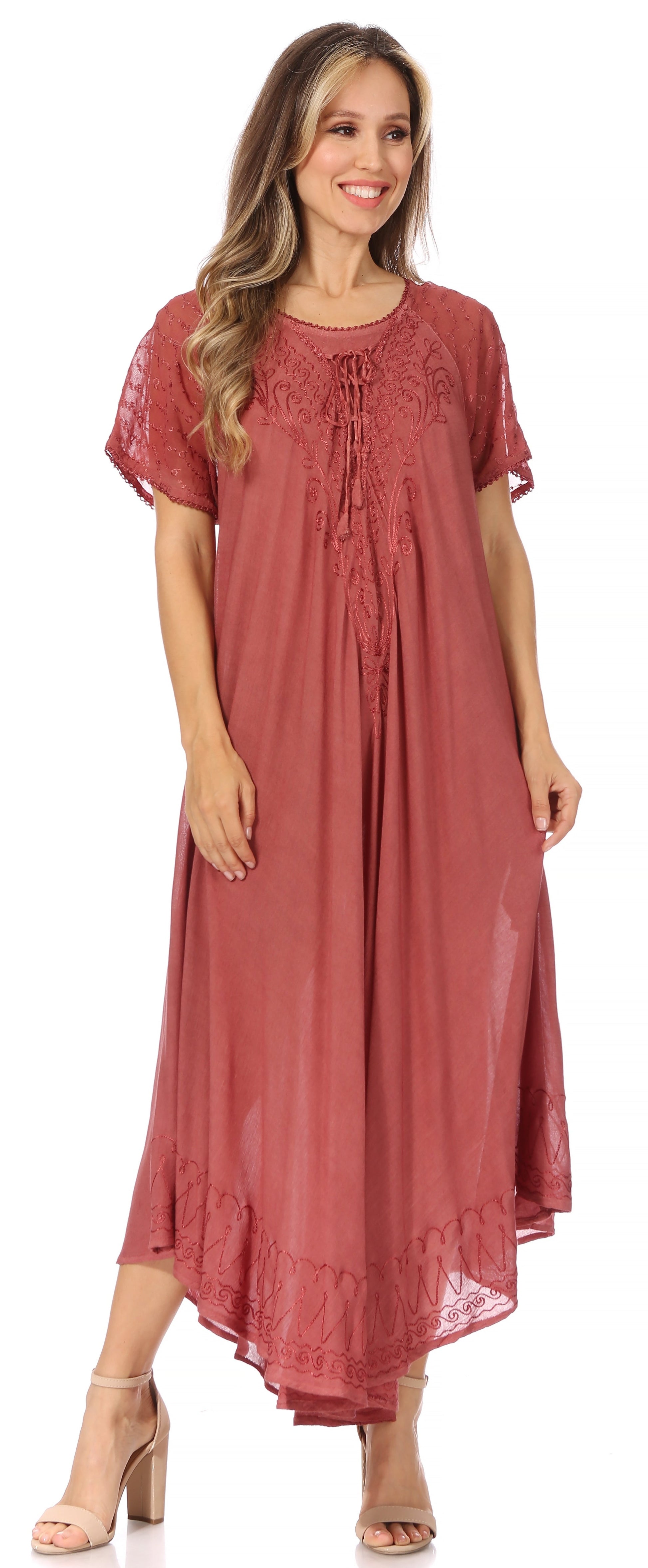 Sakkas Egan Women's Long Embroidered Caftan Dress / Cover Up With Embroidered Cap Sleeves - Concordia Style Boutique