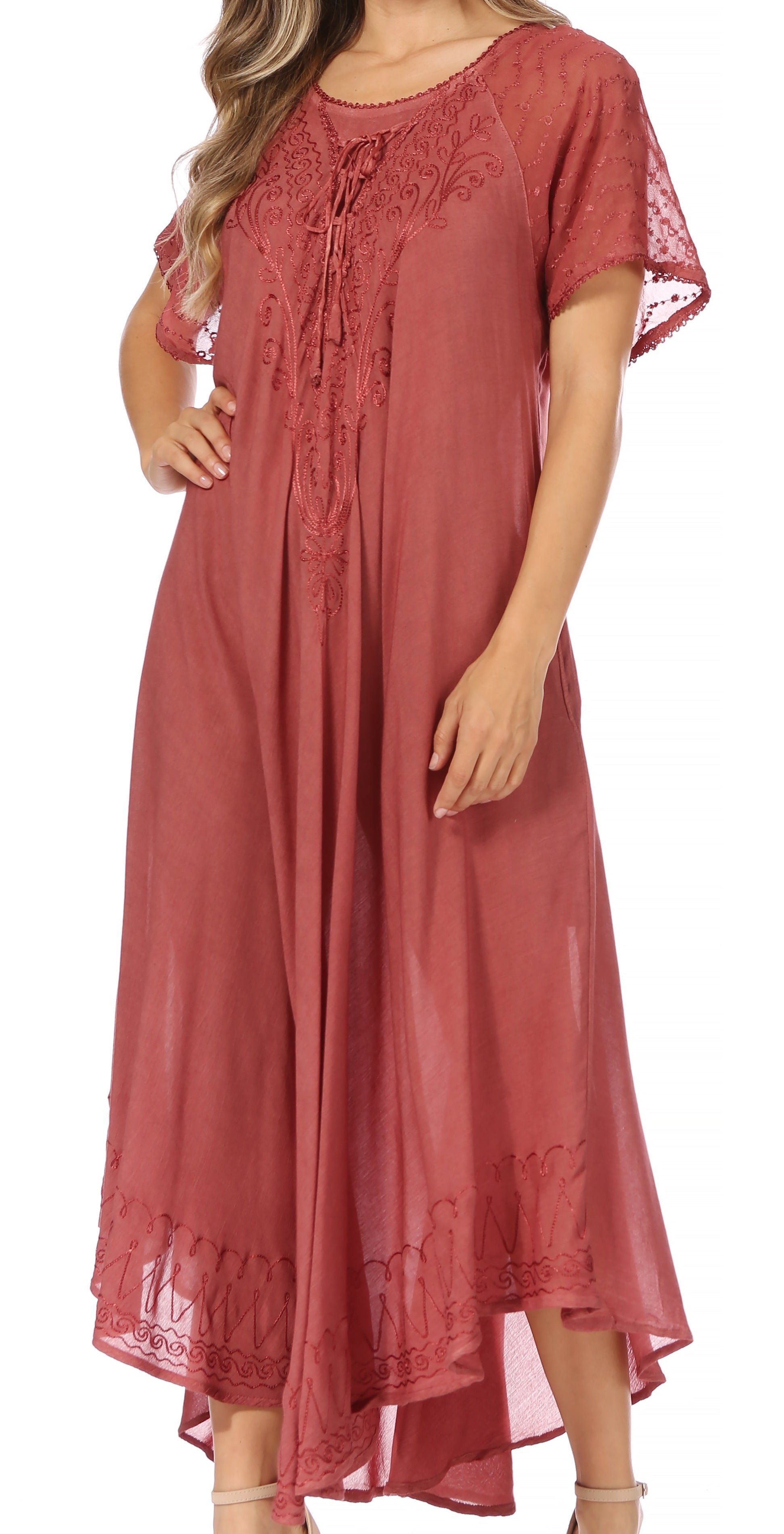 Sakkas Egan Women's Long Embroidered Caftan Dress / Cover Up With Embroidered Cap Sleeves - Concordia Style Boutique