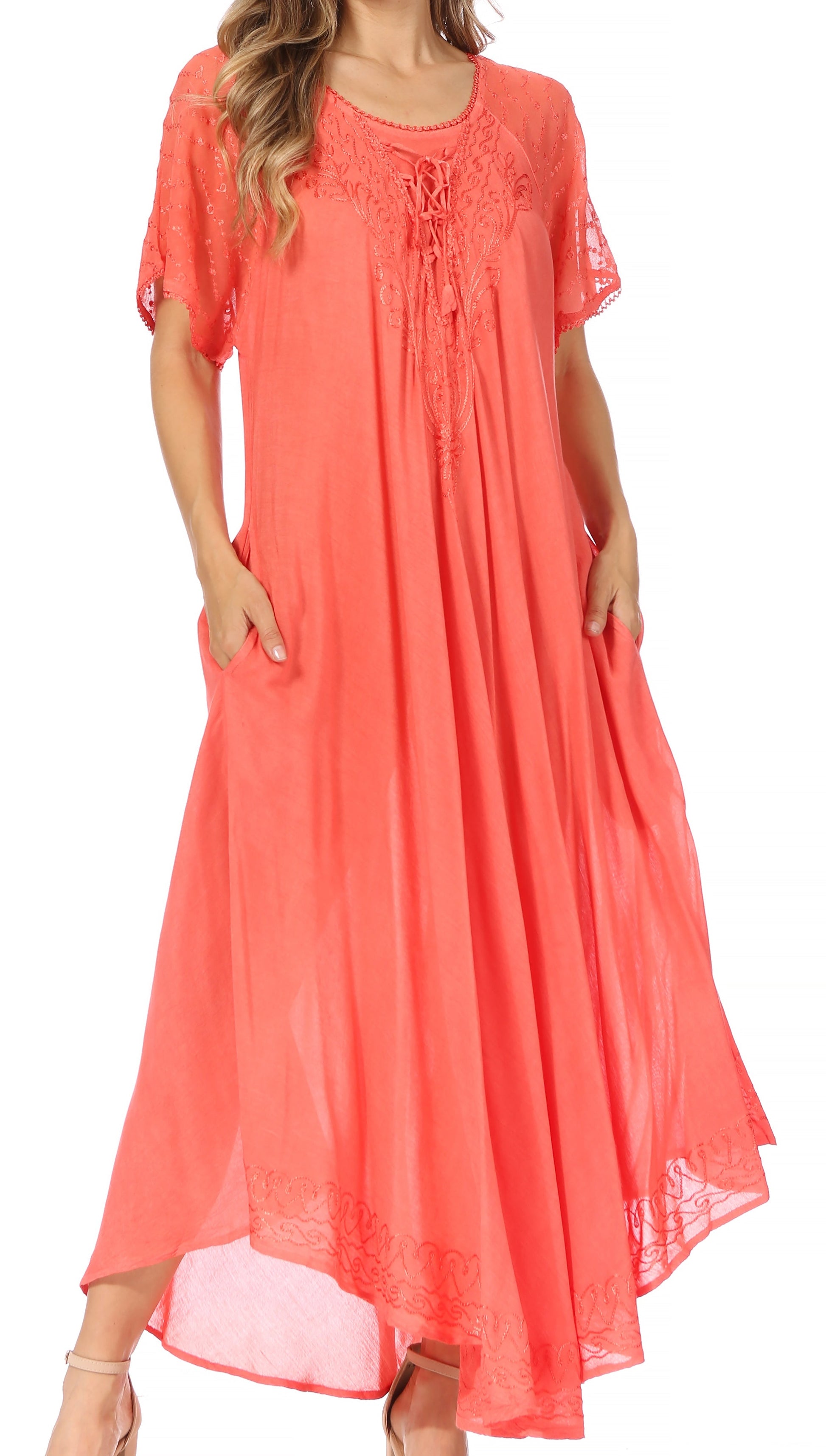 Sakkas Egan Women's Long Embroidered Caftan Dress / Cover Up With Embroidered Cap Sleeves - Concordia Style Boutique