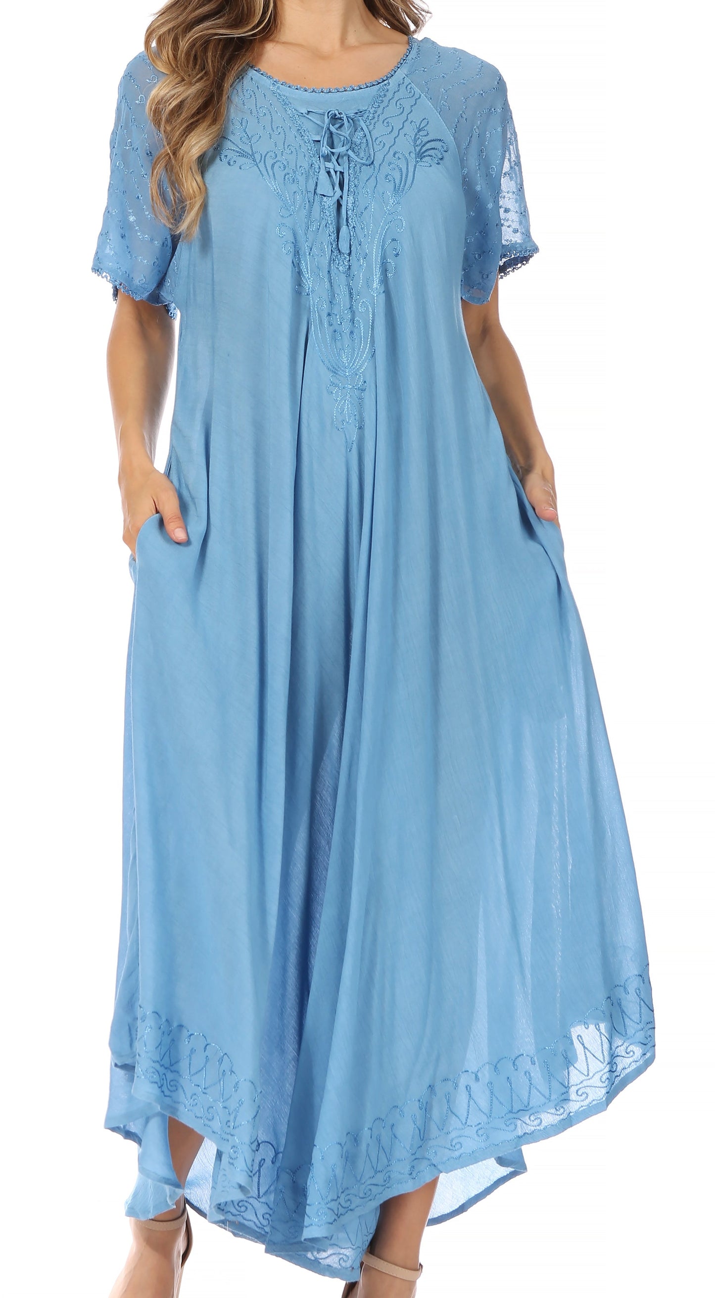 Sakkas Egan Women's Long Embroidered Caftan Dress / Cover Up With Embroidered Cap Sleeves - Concordia Style Boutique