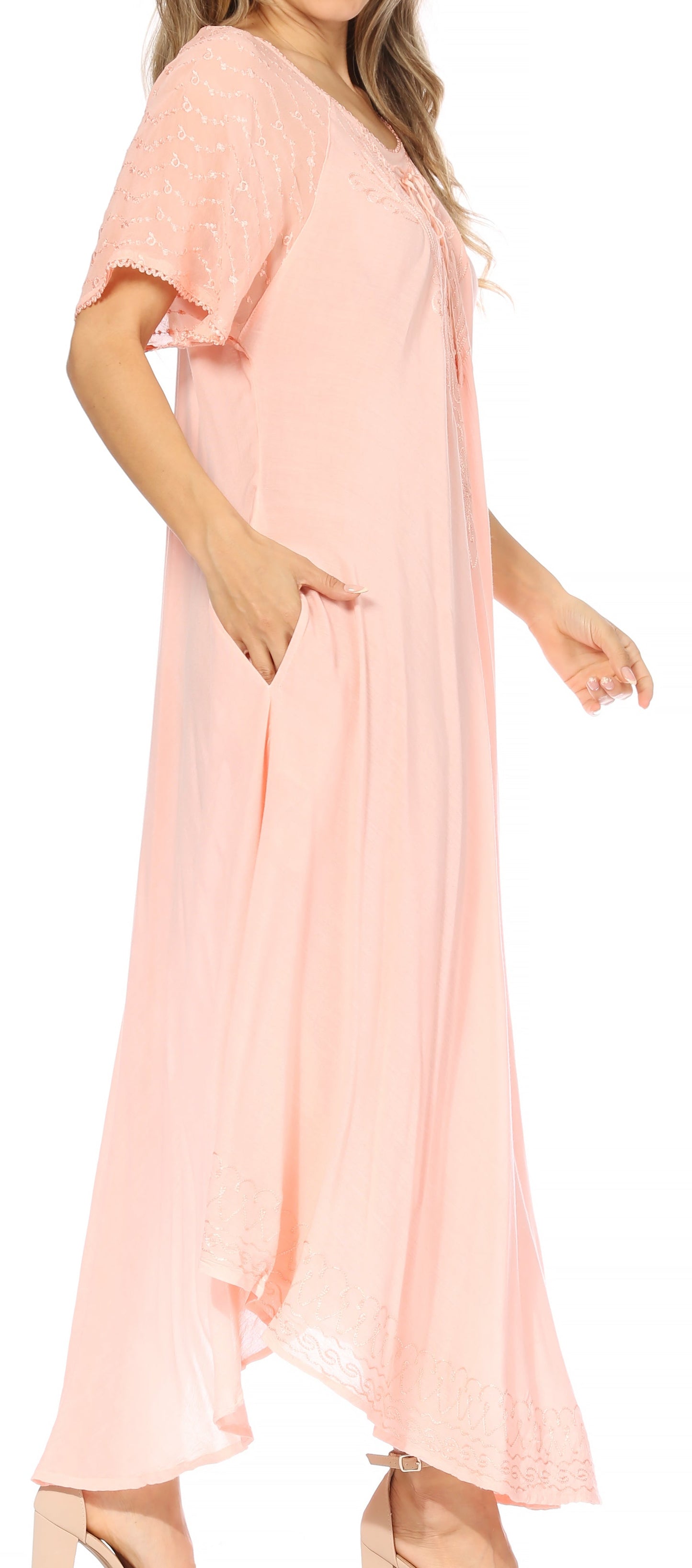 Sakkas Egan Women's Long Embroidered Caftan Dress / Cover Up With Embroidered Cap Sleeves - Concordia Style Boutique