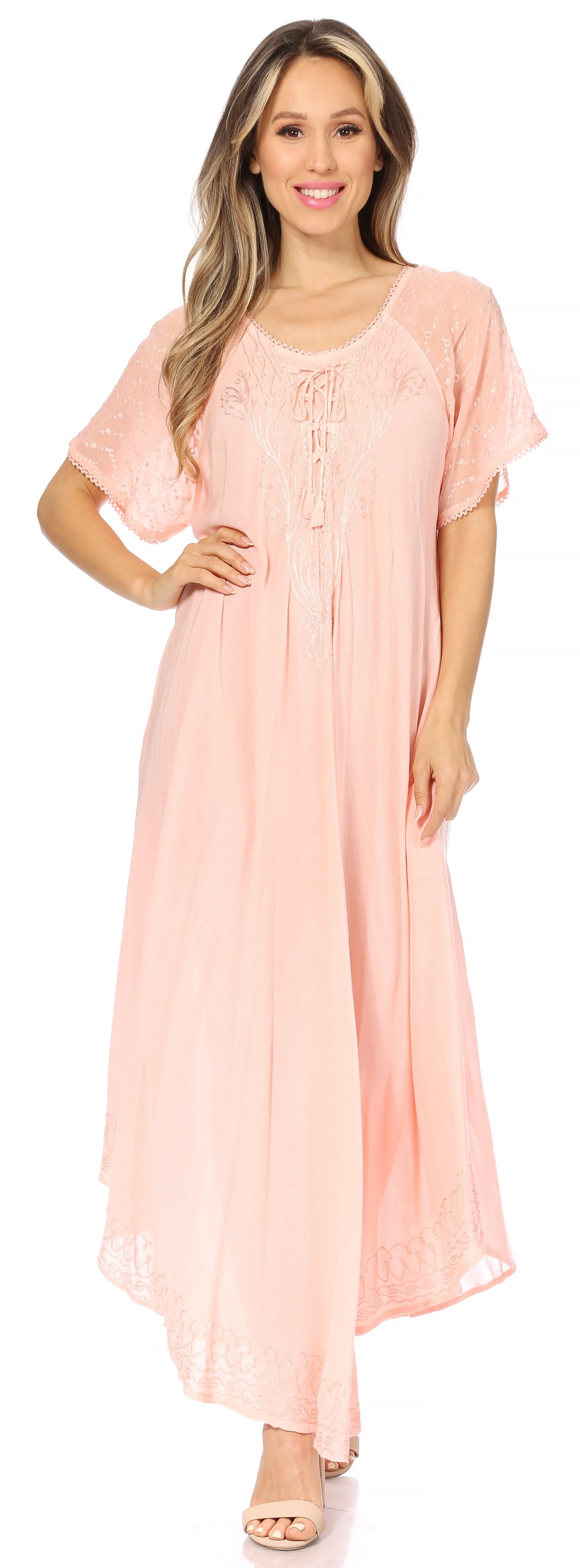 Sakkas Egan Women's Long Embroidered Caftan Dress / Cover Up With Embroidered Cap Sleeves - Concordia Style Boutique