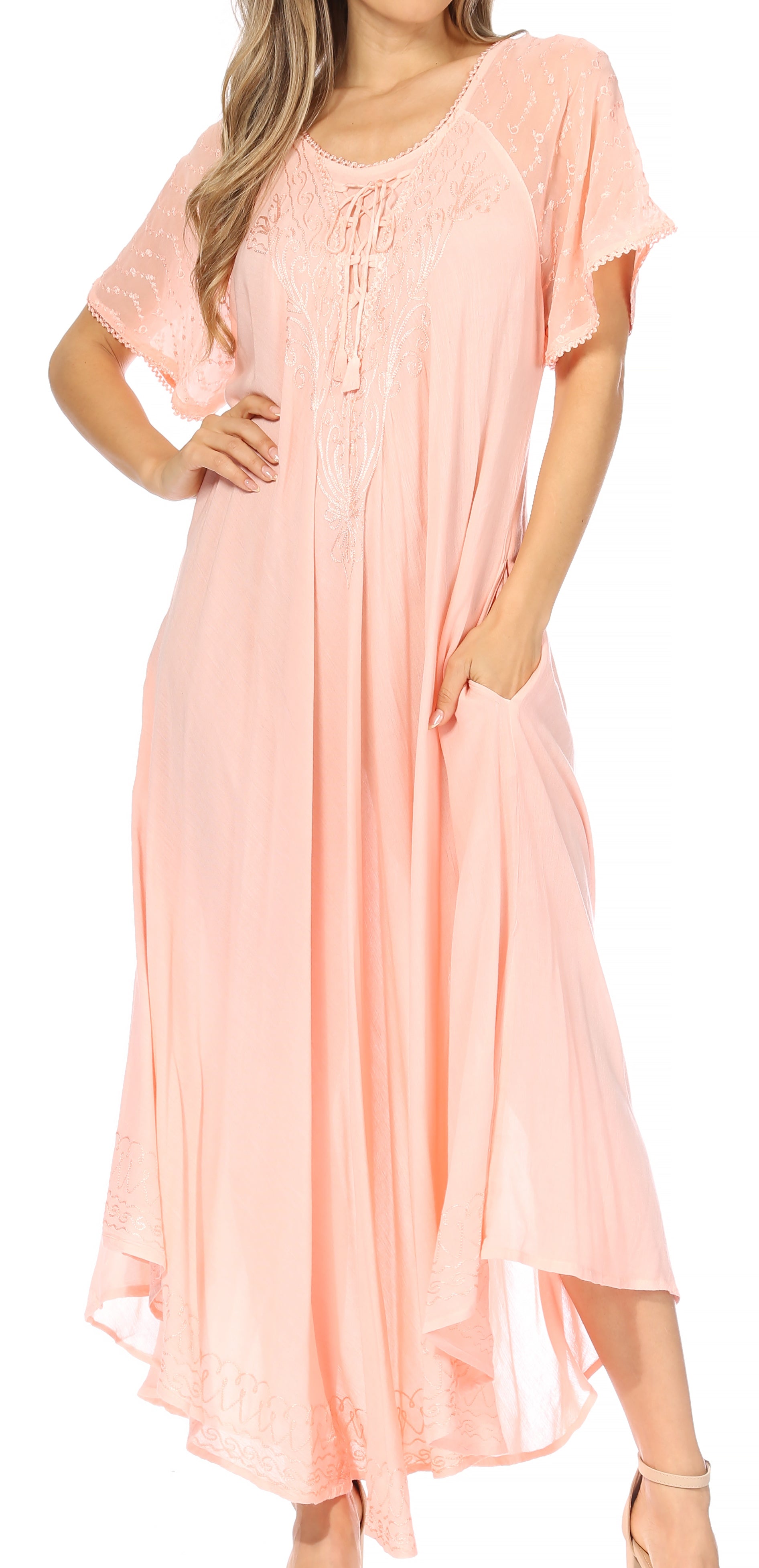 Sakkas Egan Women's Long Embroidered Caftan Dress / Cover Up With Embroidered Cap Sleeves - Concordia Style Boutique