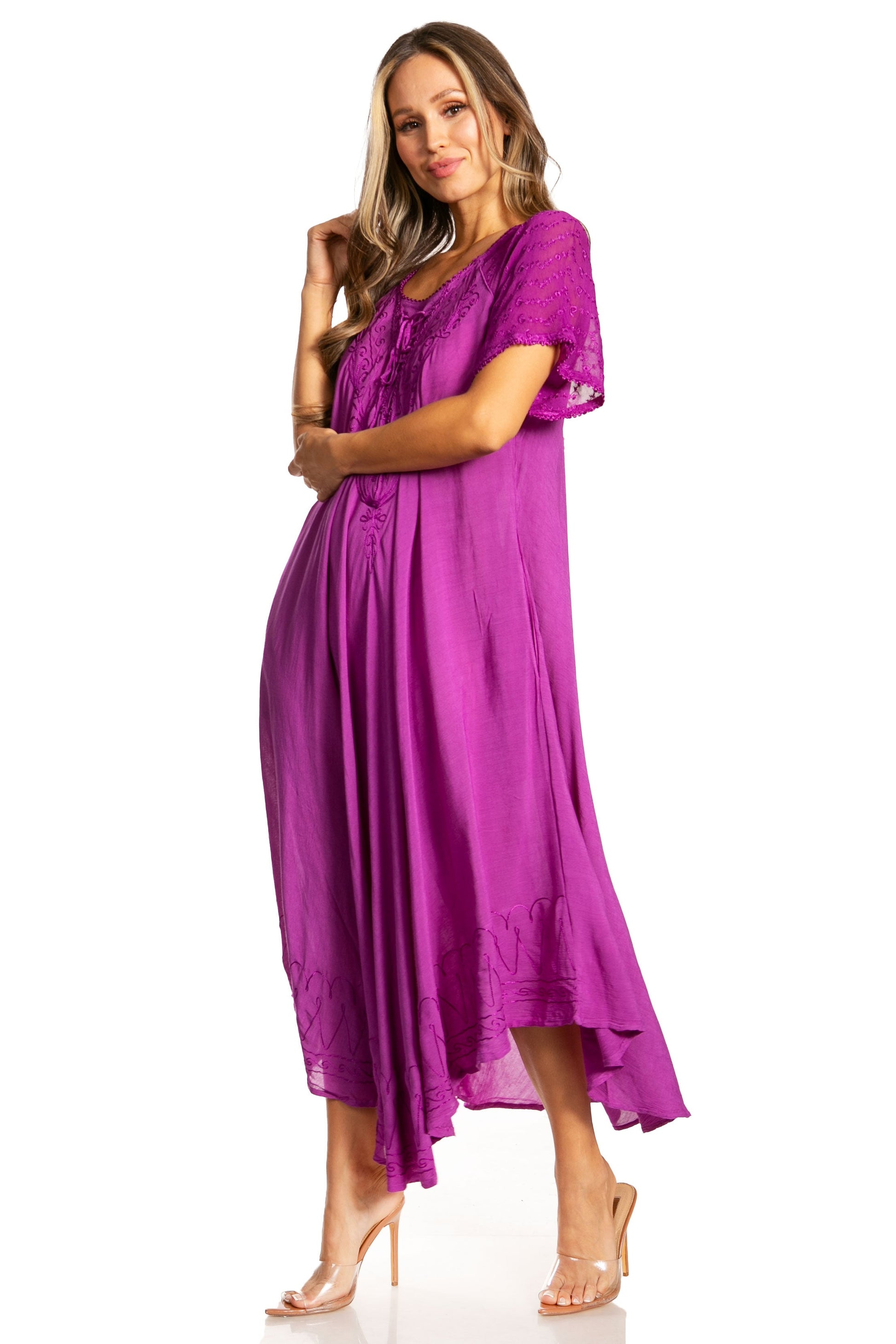 Sakkas Egan Women's Long Embroidered Caftan Dress / Cover Up With Embroidered Cap Sleeves - Concordia Style Boutique