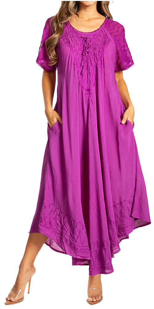 Sakkas Egan Women's Long Embroidered Caftan Dress / Cover Up With Embroidered Cap Sleeves - Concordia Style Boutique